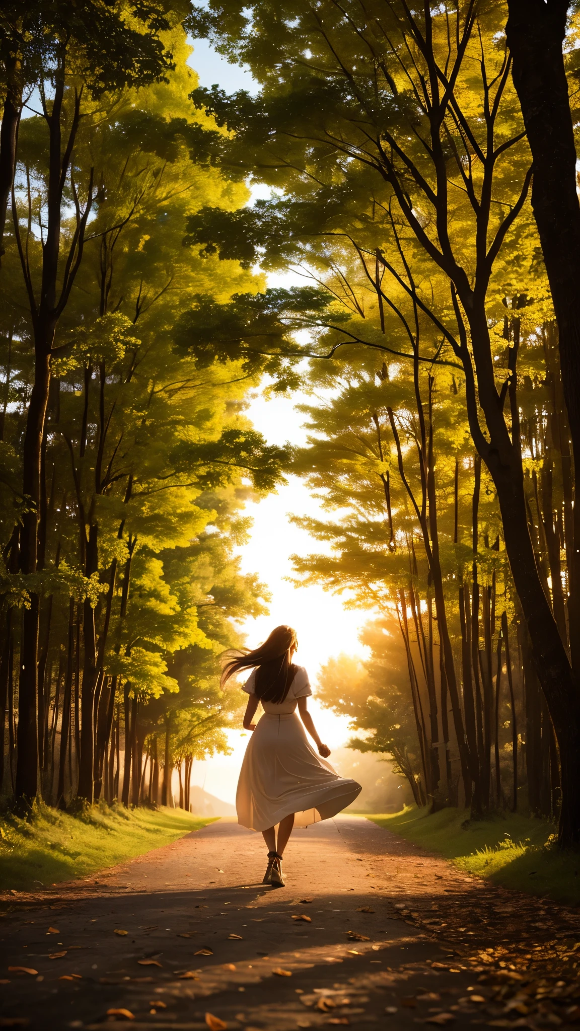 A young woman walks through a serene evening forest, her long, flowing hair gently swaying with the breeze. She's on a journey to meet her beloved, every step filled with determination and longing. The soft rustle of leaves accompanies her as the setting sun casts a golden glow on her figure, accentuating her curvaceous silhouette. Her heart races with each step, knowing that soon she will be in his arms. The path is long, but the thought of seeing him gives her strength. Love guides her as she gets closer to the one she cherishes.