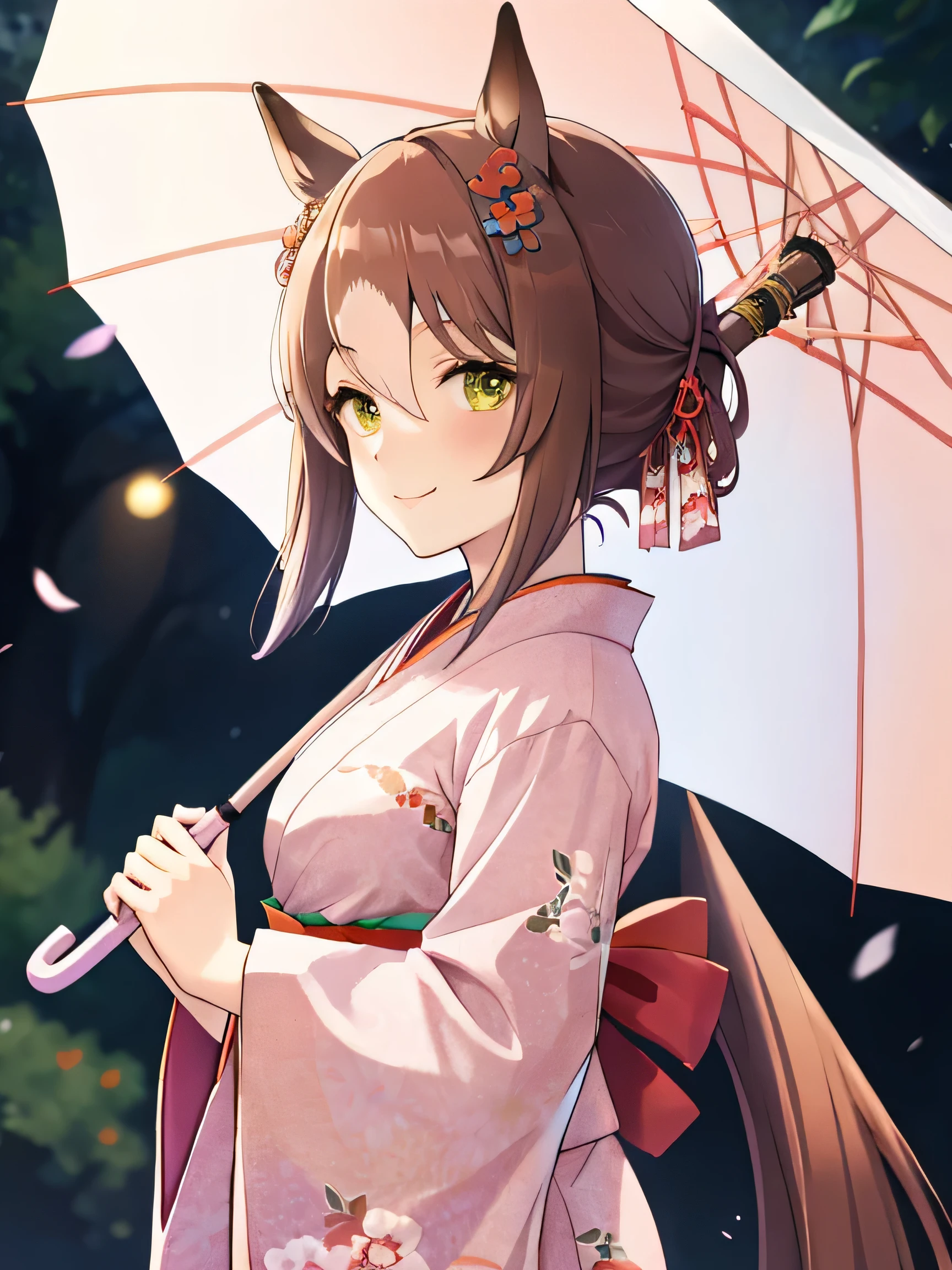 There is a woman wearing a kimono and holding a flower-patterned umbrella......, in a kimono, in a kimono, Kimono, smile,horse ear,pale and coloured kimono, Wearing kimono, wearing pink silk robe, japanese kimono, shikamimi, sakimichan, In pink silk robes, Anime Girl , goddess of Japan, portrait a woman like reol, Wearing a kimono