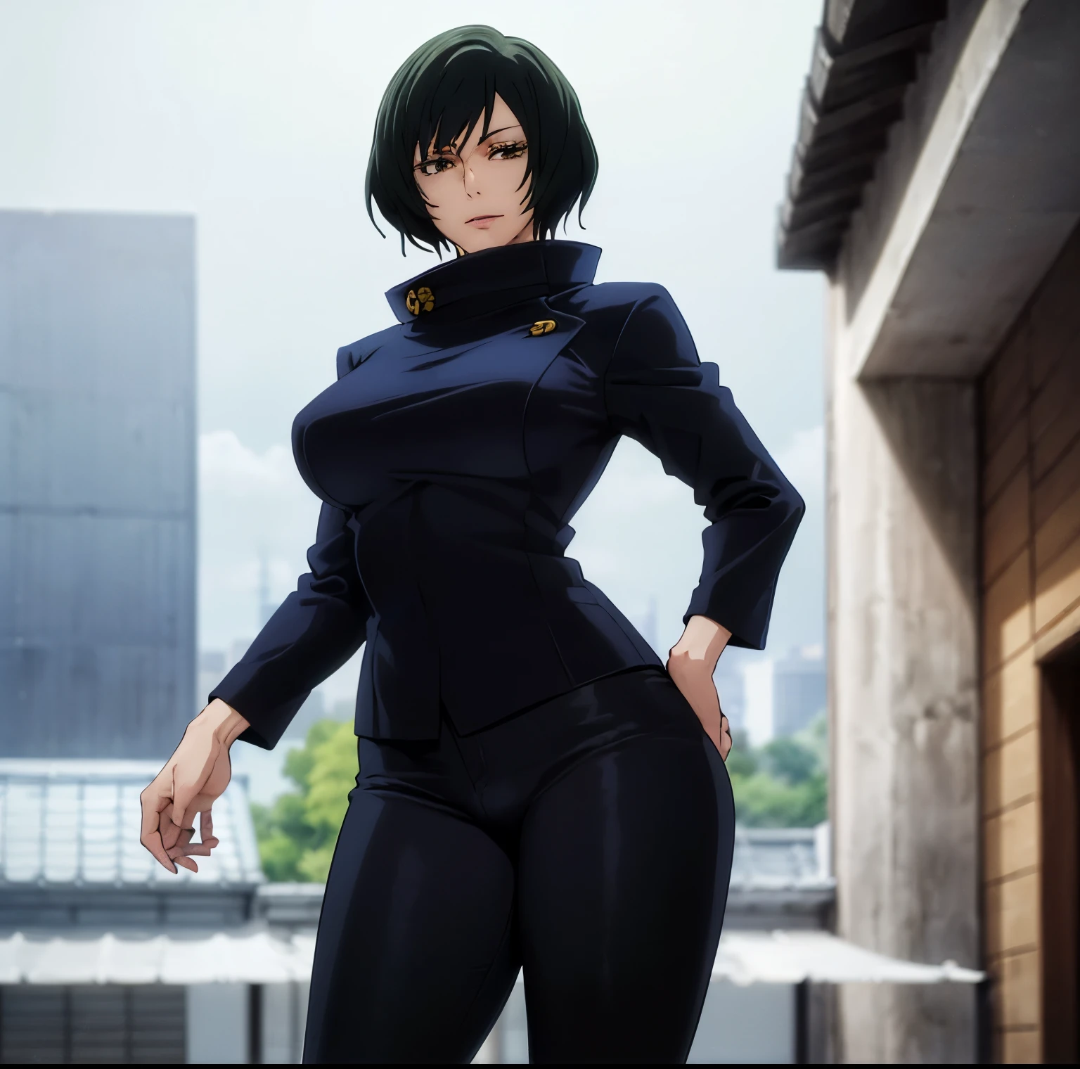 ((1girl)),((alone)), Mai zenin, \( jujutsu kaisen\), (masterpiece), (best quality), (ultra detailed), (best illustration), (best shadow), (absurdities) , sharp focus, cowboy shot, atmospheric perspective, depth of field, dynamic posture, ((looking at viewer)), large breasts, narrow waist, wide hips, medium thighs, round butt, erotic, romantic, (highly detailed eyes, lips 1.1), highly detailed eyes, eyes, Highly detailed face, Very beautiful face, Symmetrical face, Aesthetic face, perfect face, perfect eyes, detailed eyelashes: 1.5), full height, beautiful slim figure, femininity, expressive appearance, big breasts elastics, sexuality, half-open lips, short hair, dark green hair, brown eyes, light skin, greenish-black hair, school uniform, jujutsu kaisen uniform, black uniform with bluish touches, high collar, gakuran, tight pants, blue-black pants, photo cowboy, curves, defined body, perfect and beautiful body, perfect and beautiful, calm look, closed mouth, ((flirtatious expression)), blushing, (sexy pose: 1.2), standing :1.3, ((solo)),( (,outside,cityscape,streets,city,buildings,cloudy sky,rainy weather,wet ground,)), Looking forward,((focus on crotch:1.4)), point of view:(from below), perfect anatomy, perfect hands