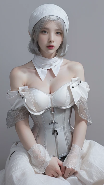 Japan maiden posing in pearl white leather corset,((small ,well-shaped bust,slim body and constricted waist,,,,,,,,,,,,,,,,,,,,,,,,,)),,,,,,,,, (((Absolute full-length images,front-facing view))),honey birdette, White silk bra&pantiy,Transparent Pantse、 Sexy corsin white color, Medium, Long White Leather Boots, lace decoration ,Bondage styless,short hairk chestnut color,,,,,,,,,,,,,,,,,,,,Inside the cathedral