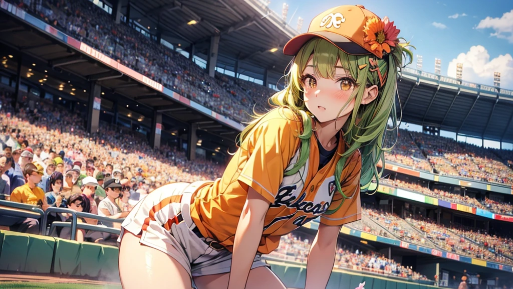 mastute piece,Best Quality,insanely detailed,8k cg,nsfw,
(shoot upper body:1.3),
(1girls:1.3),standing,looking at viewr,body in front,both arms behind back,(Baseball uniform、Baseball cap),(bare breasts),
break,
blush,shy,(ecstasy face),(trembling:1.2),break,(Yellow-green hair:1.4),
break,
perfect breasts,perfect teats,(open mouth:0.9),(large breasts:1.3),
(Stadium)、