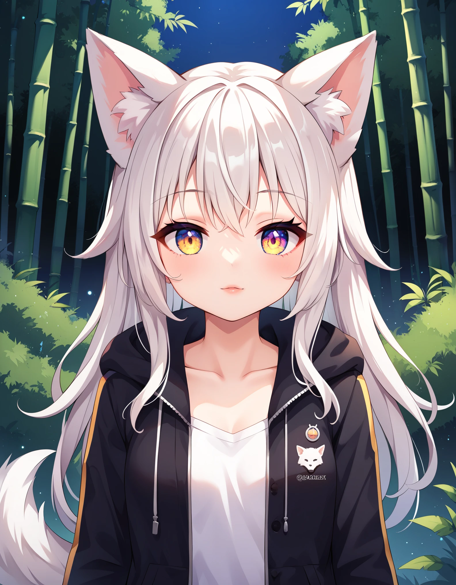 score_9,score_8_up,score_7_up, rating_safe, source_anime, original_art (high quality,detailed,beautiful) Refined (withdrawn) BREAK, 1girl, animal ears, long hair, solo, white hair, night, nature, jacket, forest, animal ear fluff, tail, bamboo, looking at viewer, outdoors, bamboo forest, wolf ears, watermark, sky, upper body