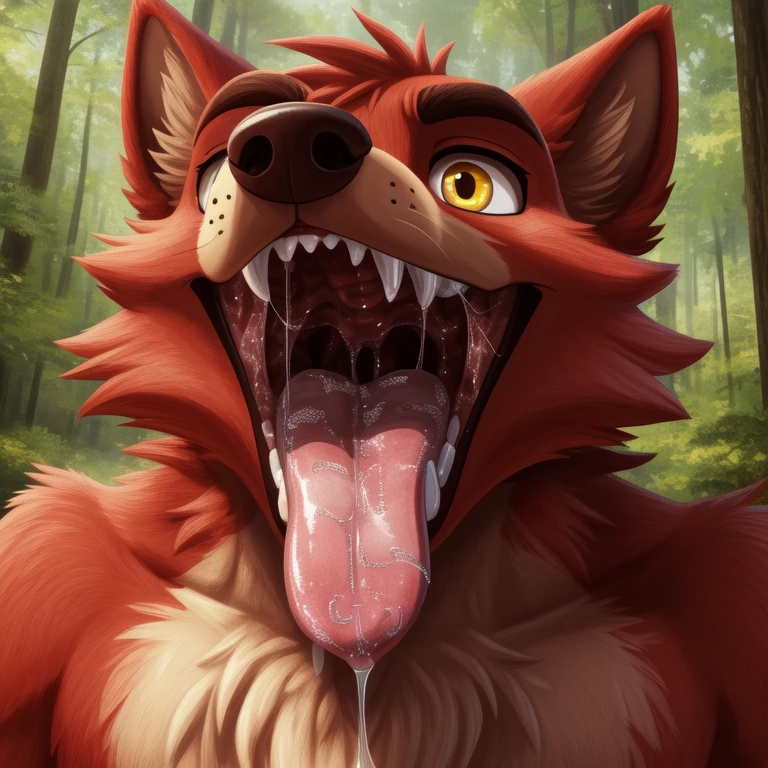 uploaded on e621, solo, anthro, nsfw, explicit, explict, Foxy, detailed fur, very fluffy, impasto impressionism, soft , anatomically correct, vibrant colors, full color, (highly detailed:1.2), (first person view), forest, open mouth, fangs, ((((((excessive saliva)))))), yellow eyes, (detailed mouth, detailed tongue), (((saliva string))), (maw shot), ((white)), (by IncredibleEdibleCalico)