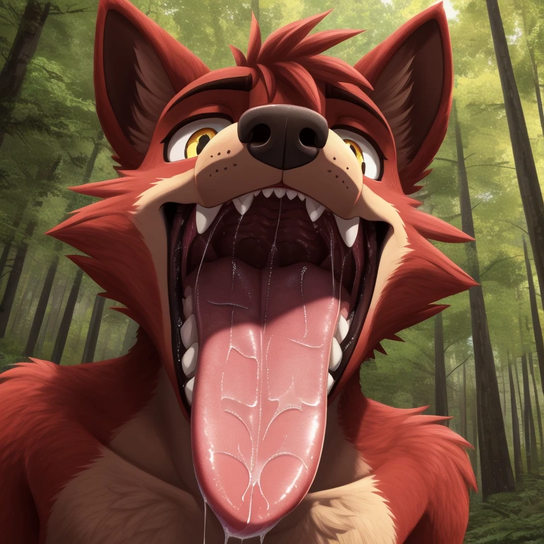 uploaded on e621, solo, anthro, nsfw, explicit, explict, Foxy, detailed fur, very fluffy, impasto impressionism, soft , anatomically correct, vibrant colors, full color, (highly detailed:1.2), (first person view), forest, open mouth, fangs, ((((((excessive saliva)))))), yellow eyes, (detailed mouth, detailed tongue), (((saliva string))), (maw shot), ((white)), (by IncredibleEdibleCalico)