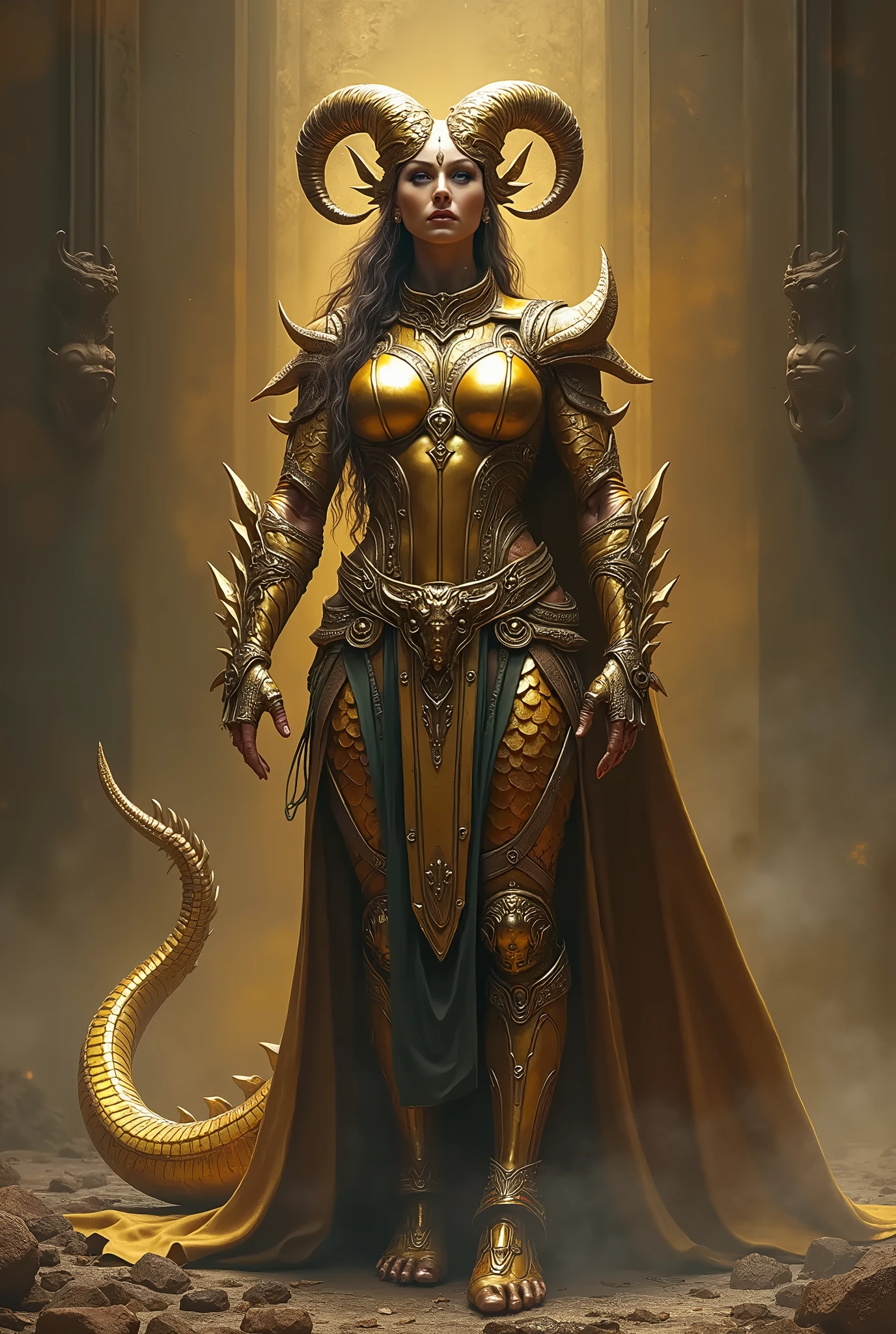 brass dragonborn, female, horns, solo portrait, scales, tail, buff, clothes, ((masterpiece, best quality)), art by greg rutkowski