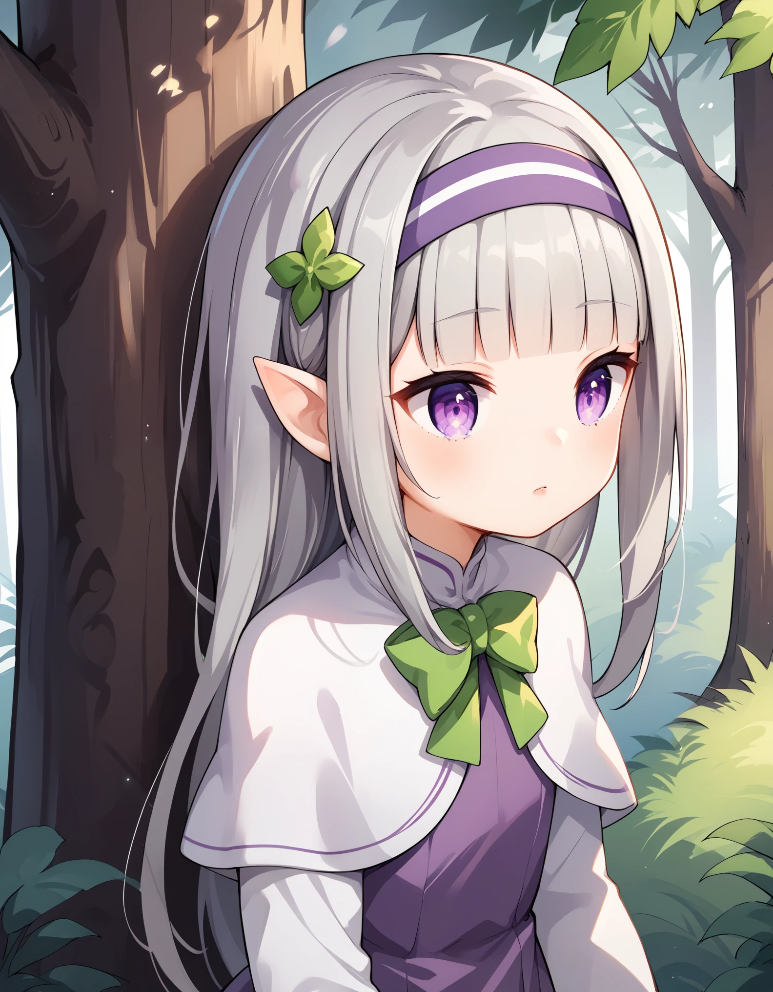 1girl, forest, peeking out upper body, behind tree, purple eyes, hairband, long hair, grey hair, pointy ears, blunt bangs, white capelet, purple dress, green bow, long sleeves, score_9, score_8_up, score_7_up, source_anime, 