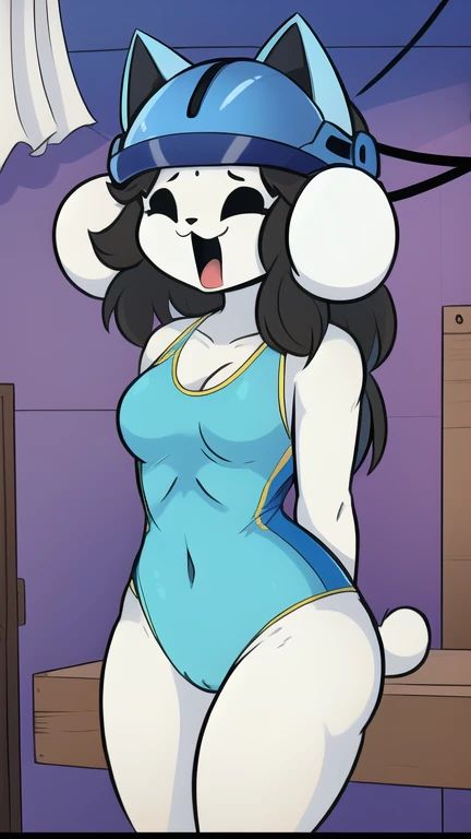 solo, masterpiece, best quality, ideal proportions, female body type, cat girl temmie, wears {(striped yellow and blue swimsuit)}, hands on head. trying to take it off. {(wears большой детализированный металлический шлем в роли головы, head under helmet, hair hidden by helmet, wires, brainwashing, round shaped helmet, helmet in the very foreground)}, screams