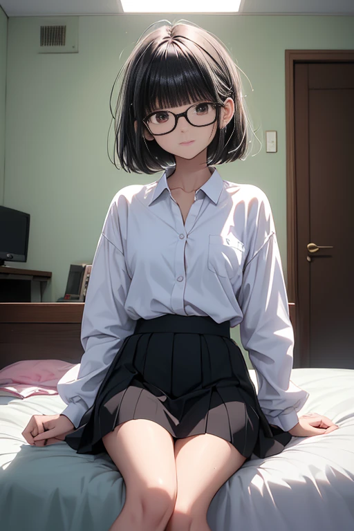 (1  girl:1.5),(dark skin:1.5),(masterpiece:1.2), highest quality, High resolution, unity 8k wallpaper, (fine and beautiful eyes:1.6), highly detailed face, perfect lighting, Detailed CG, (perfect hands, perfect anatomy),20 years old, (black hair:1.3), detailed eyes, best quality, extremely detailed, very precise detailed, (glasses:1.4), , (straight hair:1.5), (evil smile:1.4) ,long sidelocks, (blush:1.3),(short Bobbed hair:1.4),(blunt bangs:1.4), (greaming skin:1.3),(sit:1.4),(flat chest),suit,(open mouth),pencil Skirt
