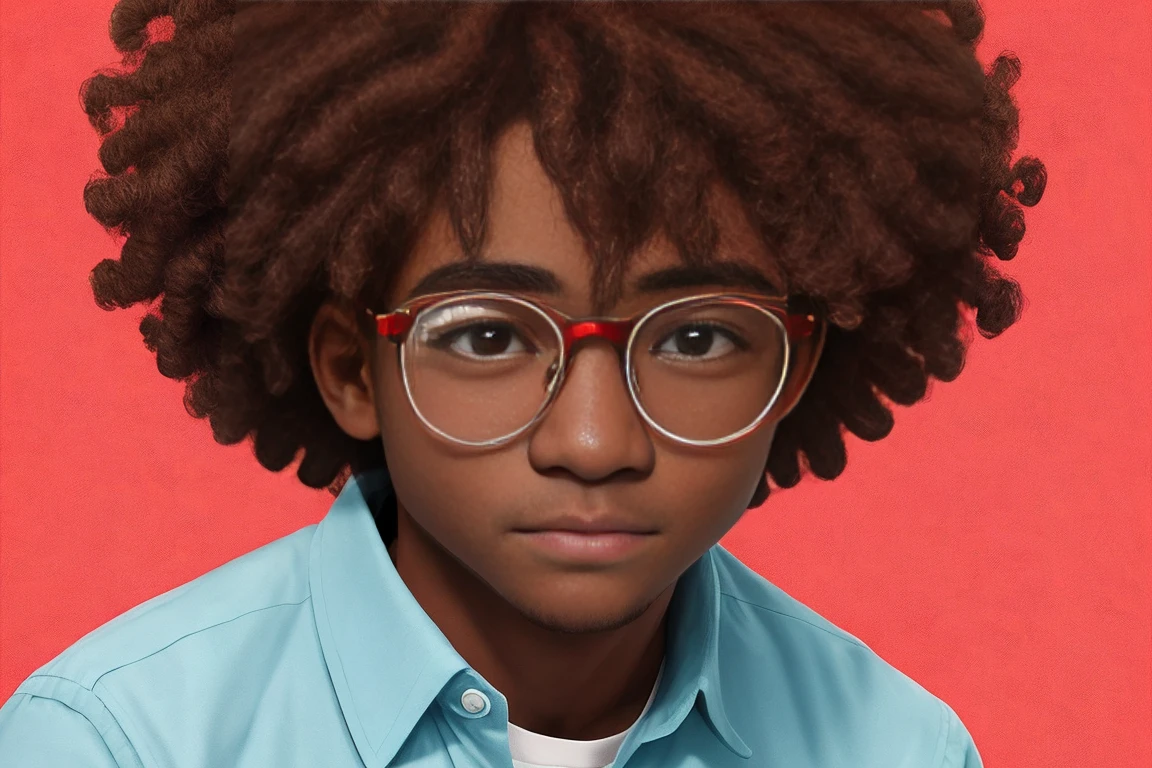 create a character of a boy with dark skin who has big red curly hair who wears glasses