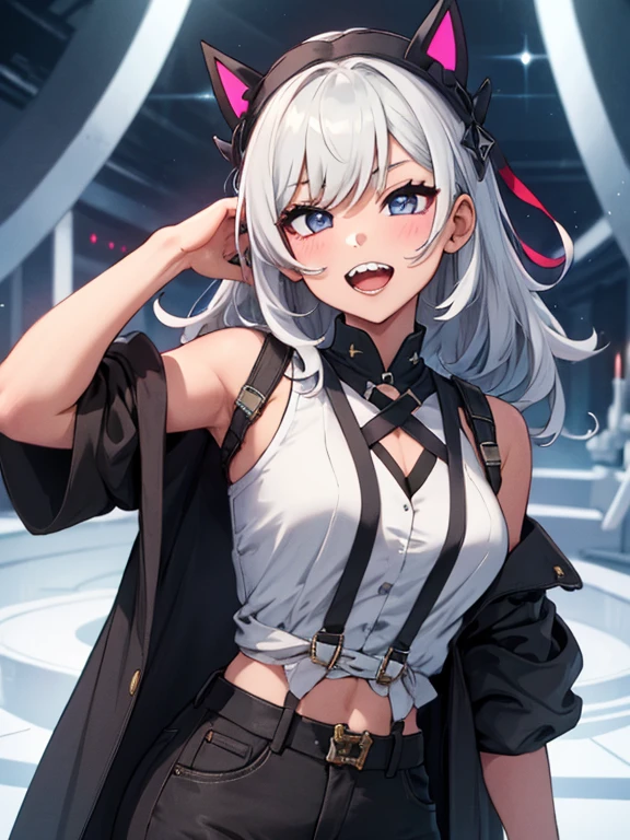 black hair, hair bobbles, wince, longeyelashes, solid circle eyes, fake animal ears, light smile, ear blush, fang, silver hair, Surrealism, drop shadow, anaglyph, stereogram, tachi-e, pov, atmospheric perspective, 8k, super detail, ccurate, best quality