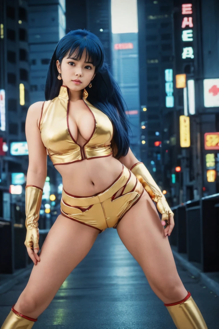 (Highest quality:1.2,High resolution, Very detailed), Dirty Pair Yuri, Asian Beauty, White skin, Wear tight clothes, Skimpy clothes, Super big breasts, (Long Straight Hair), (Blue Hair), Long and smooth hair, Beauty girl, Cyberpunk City Background, Cleavage, Tight waist, Big Ass, Thigh Gap, (Golden uniform), Show me your belly, Golden long gloves, Very Low rise pants, Black piping, Under boob, Chubby body