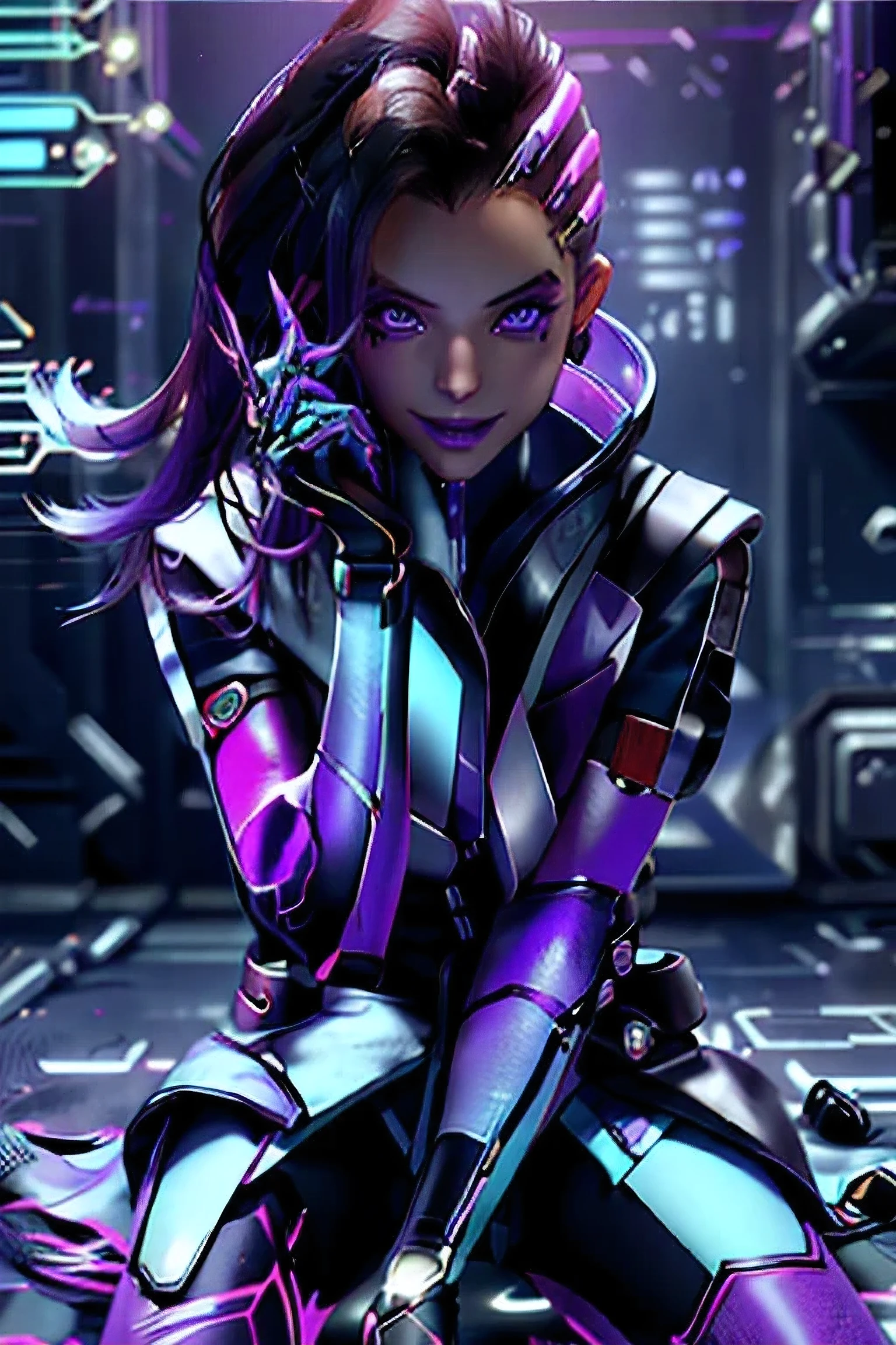 sombra from overwatch, hacking pose, purple eyes, seductive face, mischievous smile, photorealistic, hyperrealistic, shinny skkin, refflective skin, best quality, 4k, 8k, intrincate bacground details, intrincate clothes pattern, perfect body, perfect skin, hackedtech, scifi, cyberpunk, data stream, (masterpiece, best quality, realistic, highly detailed:1.2), (purple glow:1.1), pixelated, distortion, half shot, (1girl), (glistening eyes:0.8), simple background, spread legs