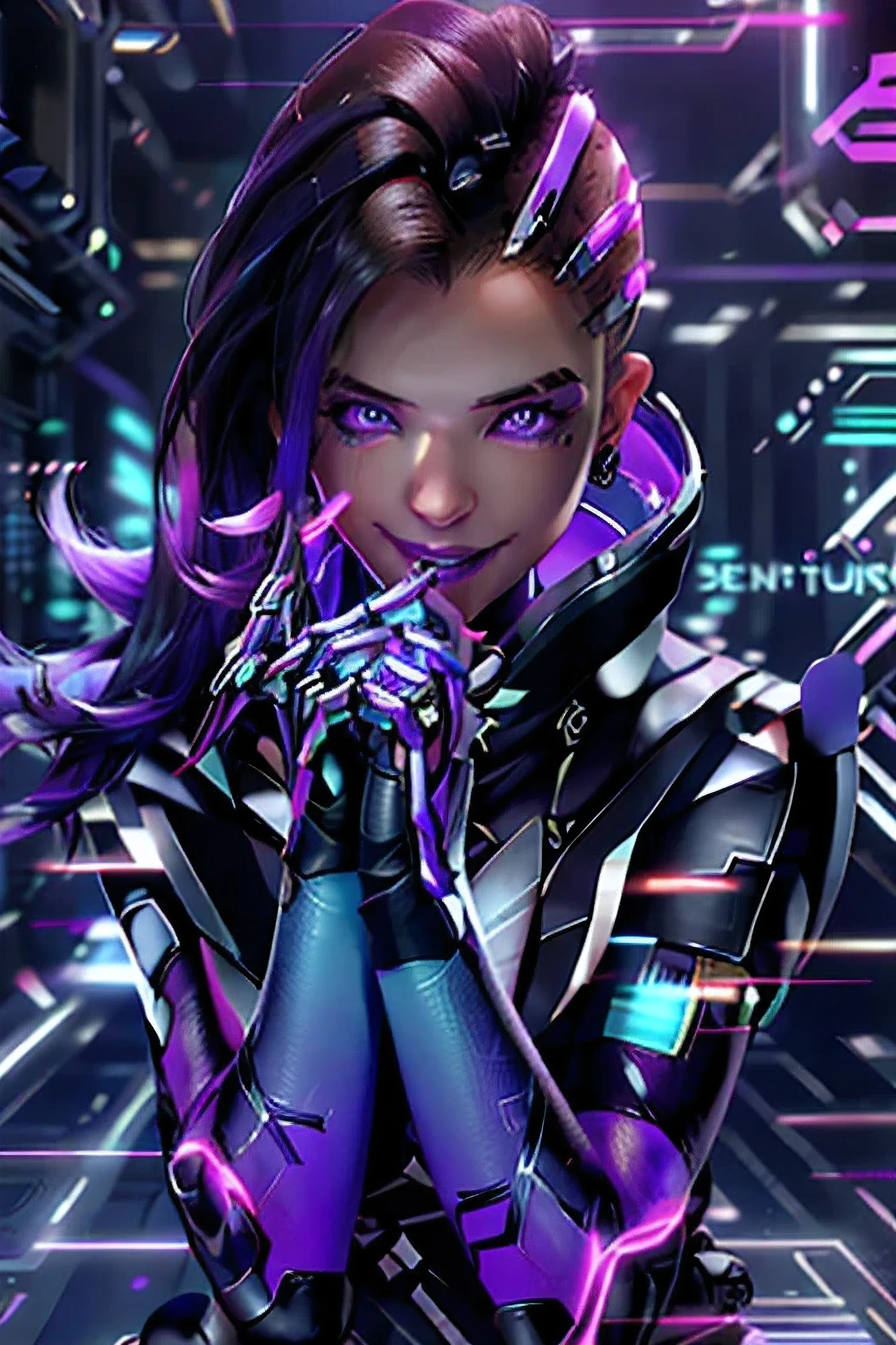 sombra from overwatch, hacking pose, purple eyes, seductive face, mischievous smile, photorealistic, hyperrealistic, shinny skkin, refflective skin, best quality, 4k, 8k, intrincate bacground details, intrincate clothes pattern, perfect body, perfect skin, hackedtech, scifi, cyberpunk, data stream, (masterpiece, best quality, realistic, highly detailed:1.2), (purple glow:1.1), pixelated, distortion, half shot, (1girl), (glistening eyes:0.8), simple background,