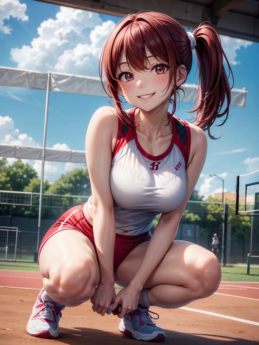 lighting like a movie、top-quality、School sports ground、Red Sports Bikini、(Short red tank top)、full of sweat、Wearing sweat、A smile、squatting and opening legs、Long black hair、