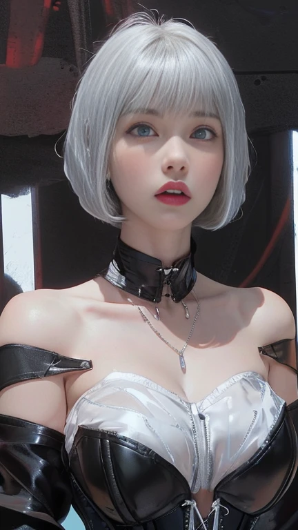 Tabletop, highest quality, night, Outdoor, 1 female, 灰色のblue eyes, Fluorescent light pink lips, cold, Severe, Sky blue, small胸, Fascinating face、 Realistic beauty、(blue eyes: 0.8), Beautiful adult face, Soft Volume Light, (Backlight: 1.3), (Cinematic: 1.3), Intricate details, (station: 1.3), ((Light and dark blue-gray hair:1.5、Pixie short hair:1.5、amount))、薄くthin伊達メガネ、short、small、 thin, cumin ,Very Short Straight Hair, Glasses , Turtleneck shirt、skin、Stiletto Sandals、Beautiful feet、garter belt、((Big Breasts、smallお尻))、(fullshot: 1.5), (Light Intensity:-0.8)、Sparkling eyes、Full body diagram