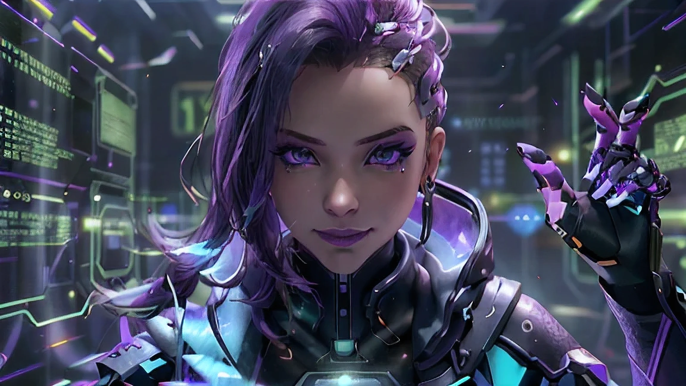 sombra from overwatch, hacking pose, purple eyes, seductive face, mischievous smile, photorealistic, hyperrealistic, shinny skkin, refflective skin, best quality, 4k, 8k, intrincate bacground details, intrincate clothes pattern, perfect body, perfect skin, hackedtech, scifi, cyberpunk, data stream, (masterpiece, best quality, realistic, highly detailed:1.2), (purple glow:1.1), pixelated, distortion, half shot, (1girl), (glistening eyes:0.8), simple background,