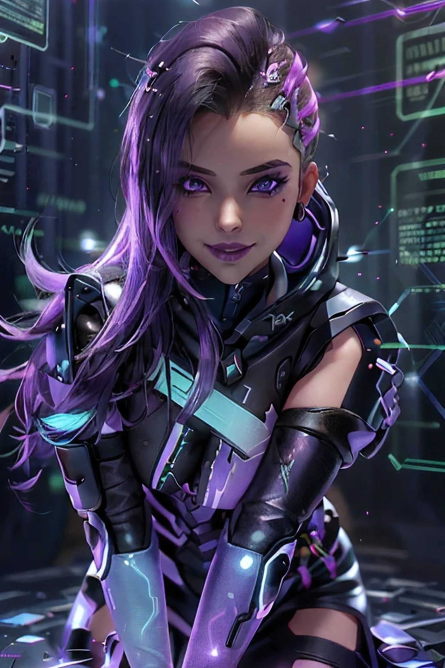 sombra from overwatch, hacking pose, purple eyes, seductive face, mischievous smile, photorealistic, hyperrealistic, shinny skkin, refflective skin, best quality, 4k, 8k, intrincate bacground details, intrincate clothes pattern, perfect body, perfect skin, hackedtech, scifi, cyberpunk, data stream, (masterpiece, best quality, realistic, highly detailed:1.2), (purple glow:1.1), pixelated, distortion, half shot, (1girl), (glistening eyes:0.8), simple background,