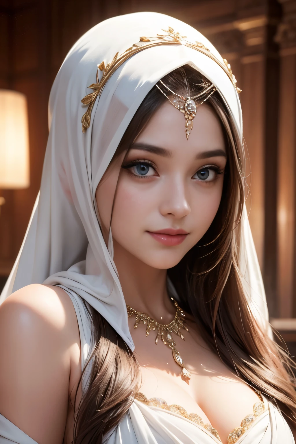 nsfw, porn, nude, kingdom, cleavage, hijabi, Absurd, ultra-detailed, high quality, masterpiece, detailed face, beautiful eyes(detailed eyes), Greek mythology Goddess, Hestia, goddess of the hearth and home, gentle and graceful, face exudes warmth and kindness, eyes described as soft and comforting, gentle and steady gaze, overall appearance is simple and modest, The fabric of her garments is usually depicted as soft and earth-toned, beauty lies not in extravagant adornments, Her smile is serene and welcoming