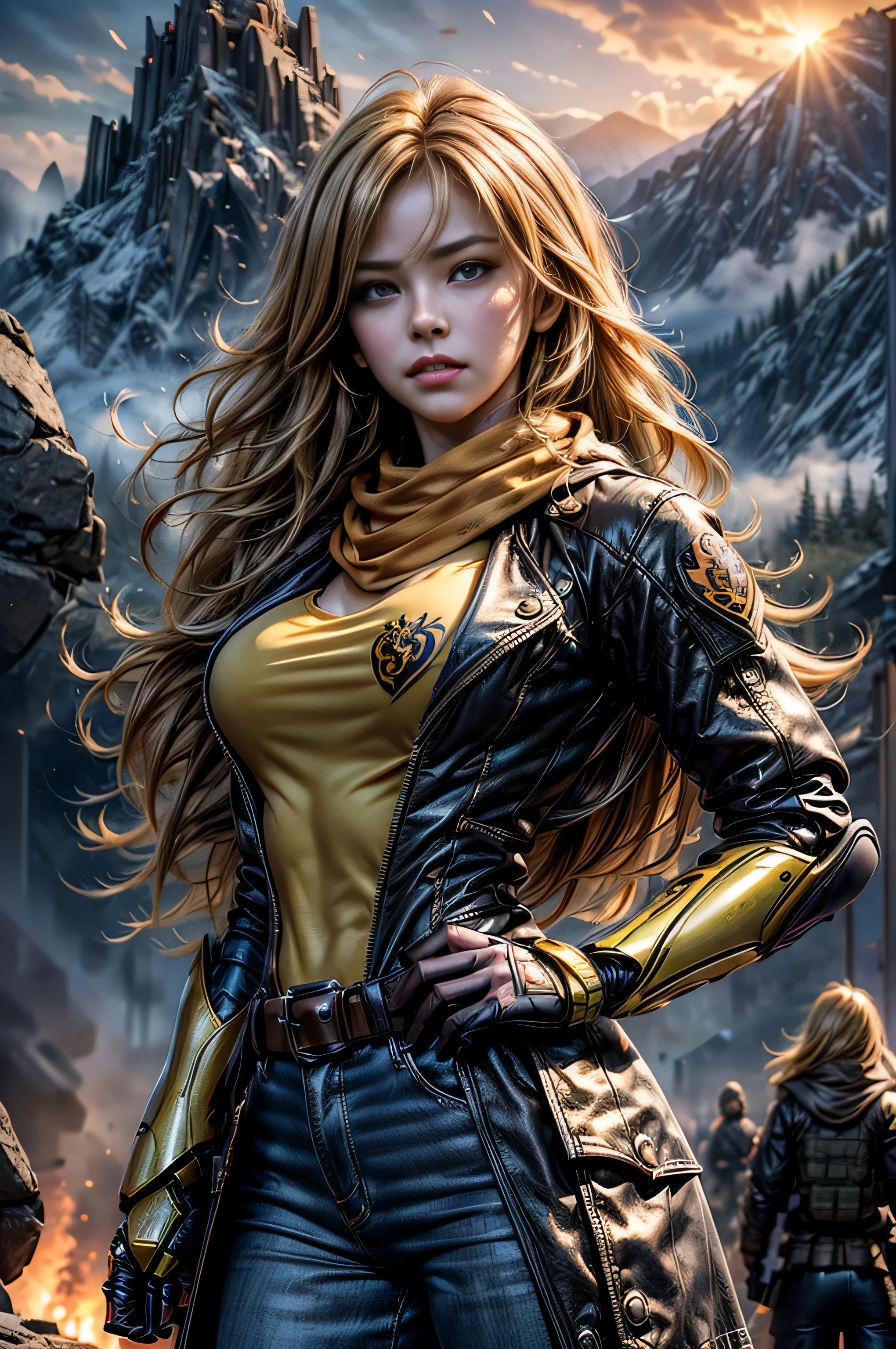 masterpiece,best quality,1girl,yang xiao long, very long hair, ahoge, purple eyes, wearing yellow tactical suit, orange scarf, large breasts, prosthetic arm, standing,cowboy shot,standing on mountainside, overlooking village,post-apocalypse, dystopian future, crowd, (crowd in military uniforms), bonfires (masterpiece,stunning girlfriend, heart shaped face, elegant face, beautiful face, highly detailed face, highly detailed skin, skin pores, subsurface scattering, realistic pupils, looking at viewer, full lips, detailed background, depth of field, atmospheric perspective, volumetric lighting, sharp focus, absurdres, realistic proportions, good anatomy, (realistic, hyperrealistic:1.4), 16k hdr,