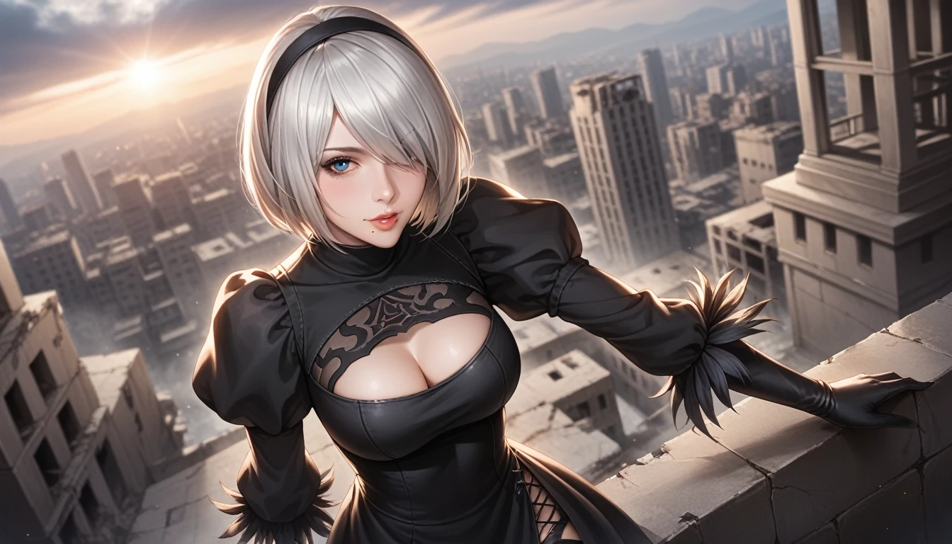 score_9, score_8_up, score_7_up, 32k,masterpiece, highest quality, 
photo realistic, super detail, vibrant colors, chiaroscuro lighting, cinematic lighting,
1 woman inspired nier automata 2B, yorha no. 2 type B
bob cut, silver hair, mole under mouth, black hairband, black blindfold, covered eyes,
black dress, long sleeves,  Juliet sleeves, cleavage cutout, gloves, puffy sleeves, black thigh-high under boots, 
city ruins, wreckage of large heavy machineries, dark cloudy sky,
seductive pose, dramatic angle,