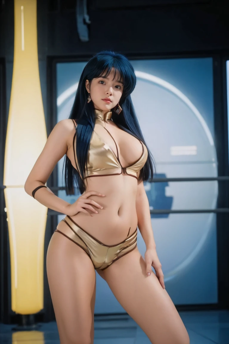 (Highest quality:1.2,High resolution, Very detailed), Dirty Pair Yuri, Asian Beauty, White skin, Wear tight clothes, Skimpy clothes, Super big breasts, (Long Straight Hair), (Blue Hair), Long and smooth hair, Beauty girl, Cyberpunk City Background, Cleavage, Tight waist, Big Ass, Thigh Gap, (Golden uniform), Show me your belly, Golden long gloves, Very Low rise pants, Black piping, Under boob, Chubby body