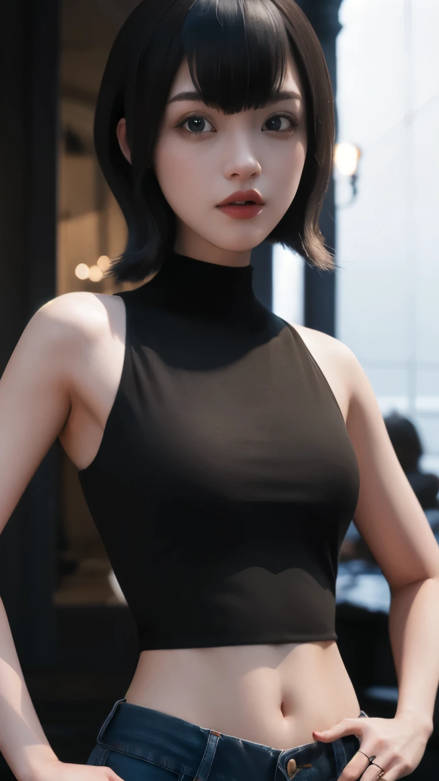 mavis dracula, hotel transylvania, looking at viewer, beautiful, short hair, abs, black cropped t-shirt, denim shorts, close-up, portrait, defined abs, a detailed painting of mavis dracula, the image is a close-up portrait of a woman with short hair and an abstract look, she is wearing black cut-off shorts and has her hands on her hips, there are six sets of abstract portraits in total, each set contains six distinct sections, all set against a dark background that emphasizes their grandeur, it appears to be a realistic and detailed work of art, the overall composition is balanced with the abstract head and shoulders, masterpiece, best quality, very aesthetic, absurd