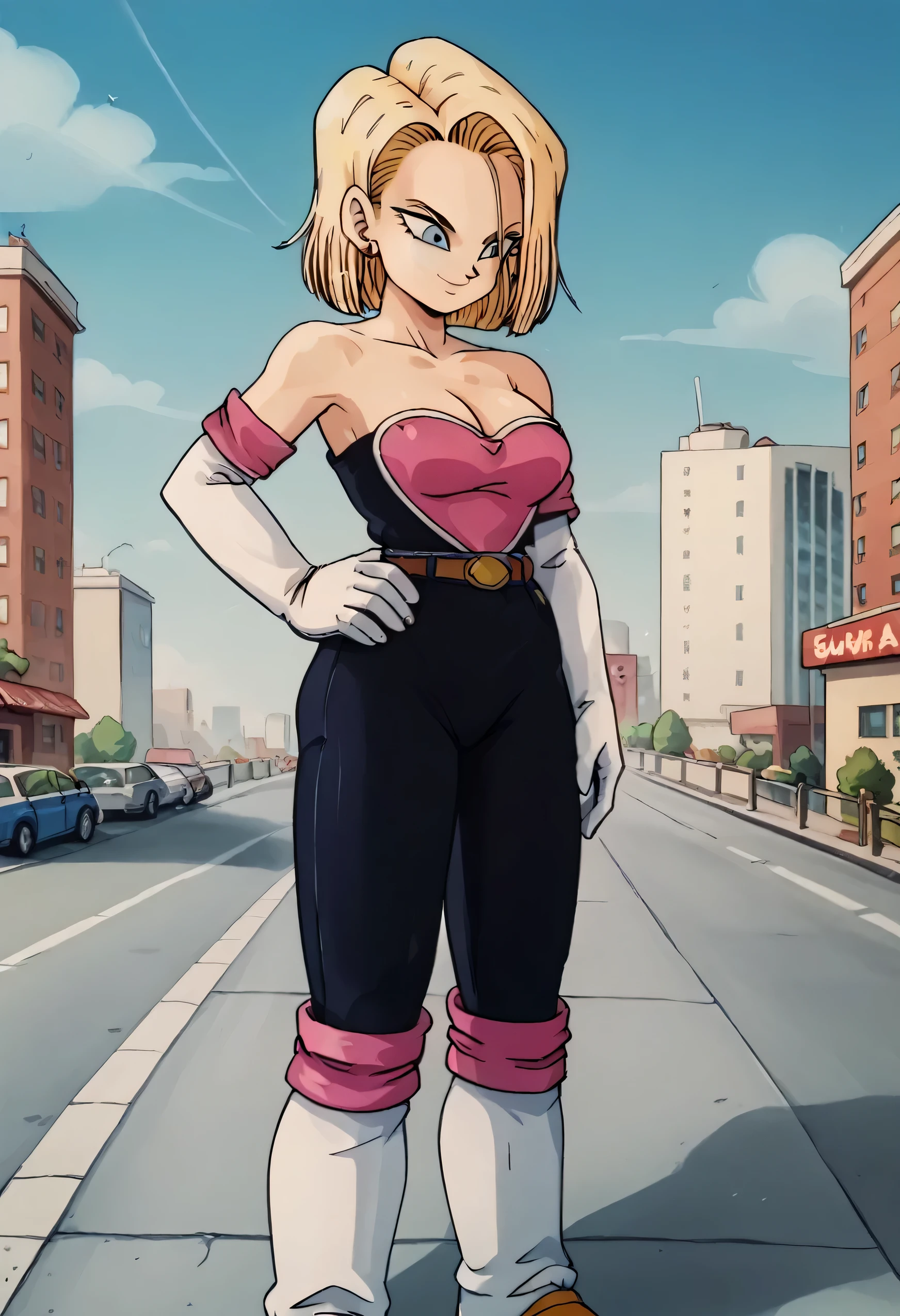 android 18, blonde hair, blue eyes, eyelashes, short hair, smile, rougecosplay, 1girl, solo, bodysuit, elbow gloves, knee boots, bare shoulders, white gloves, strapless, medium breasts, black bodysuit, outside, standing, city, hands on hip,cleavage,