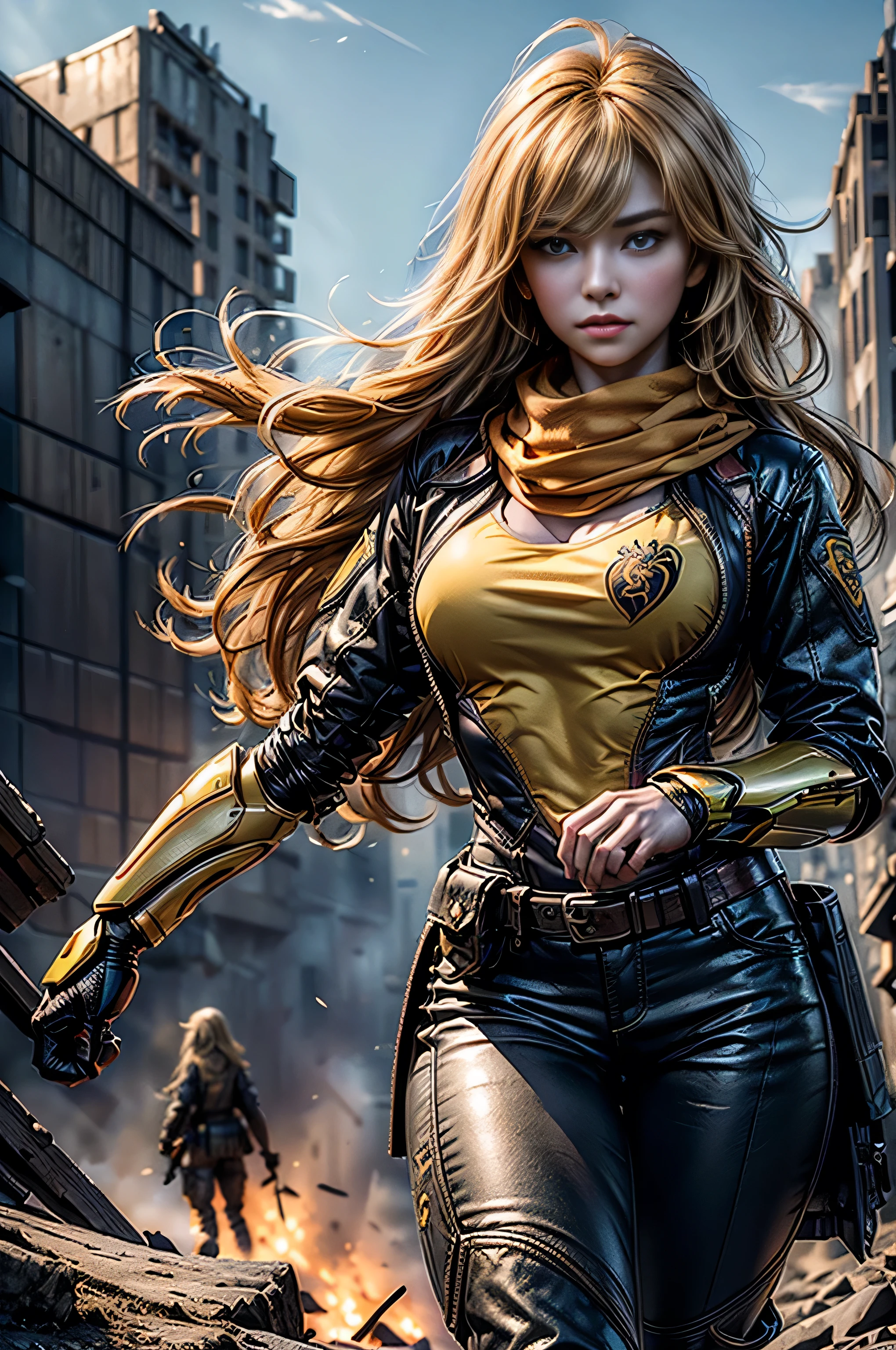 masterpiece,best quality,1girl,yang xiao long, very long hair, ahoge, purple eyes, wearing yellow tactical suit, orange scarf, large breasts, prosthetic arm, standing,cowboy shot,standing on mountainside, overlooking village,post-apocalypse, dystopian future, crowd, (crowd in military uniforms), bonfires (masterpiece,stunning girlfriend, heart shaped face, elegant face, beautiful face, highly detailed face, highly detailed skin, skin pores, subsurface scattering, realistic pupils, looking at viewer, full lips, detailed background, depth of field, atmospheric perspective, volumetric lighting, sharp focus, absurdres, realistic proportions, good anatomy, (realistic, hyperrealistic:1.4), 16k hdr,