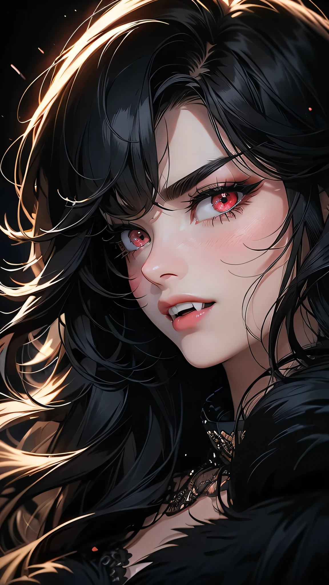 ((Masterpiece)), envision a 8k, highres, cinematic, extremely beautiful semi realistic close up portrait of a beautiful mature lady with a strong face, slender body,((fangs)) ,mean face, ((long messy black hair)), blush, fur coat, flustered, side locks, round face, long sweeping bangs, red eyes, soft lips, lip gloss, thick eyebrows, round face, ((((1girl)))), in dark lighting, against a dark gray background