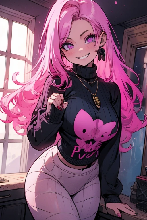 big lips, pink hair, pink eyes, japanese face, gyaru, huge breasts, wide hips, sexy, pink theme, kawaii, detailed, decora, bangs, grin, gyaru outfit, kawaii, pink and black outfit,, horns, cute succubus, small succubus wings, winking, eye wink, , twin tails, winky face,perfect angle, HD quality, 8k, pink eyes, loser hand sign, loser, L, twin tails, mini shorts, colorful, evil, fangs, kawaii