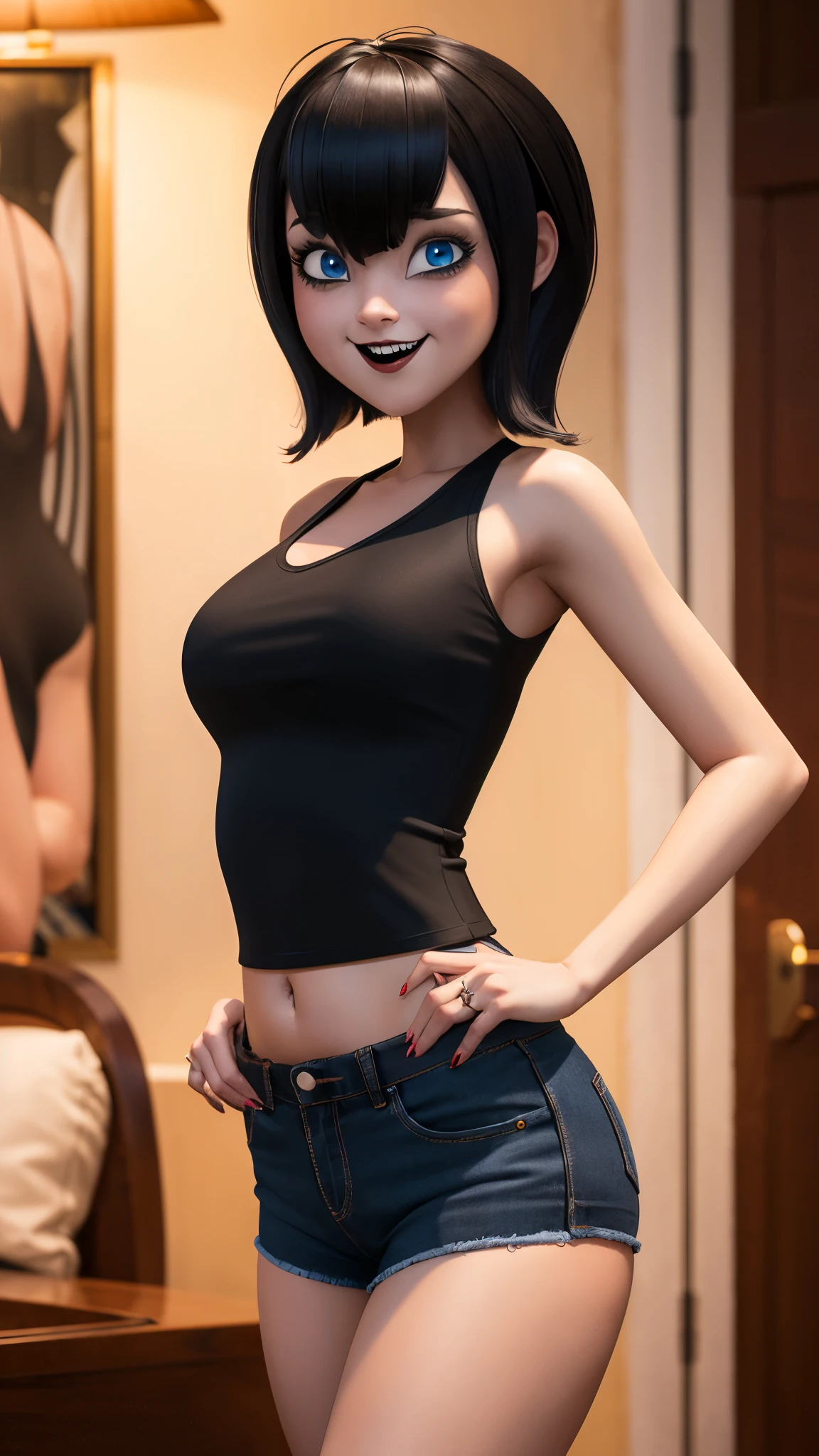 mavis dracula, hotel transylvania, looking at viewer, beautiful, short hair, abs, black cropped t-shirt, denim shorts, close-up, portrait, defined abs, a detailed painting of mavis dracula, the image is a close-up portrait of a woman with short hair and an abstract look, she is wearing black cut-off shorts and has her hands on her hips, there are six sets of abstract portraits in total, each set contains six distinct sections, all set against a dark background that emphasizes their grandeur, it appears to be a realistic and detailed work of art, the overall composition is balanced with the abstract head and shoulders, masterpiece, best quality, very aesthetic, absurd