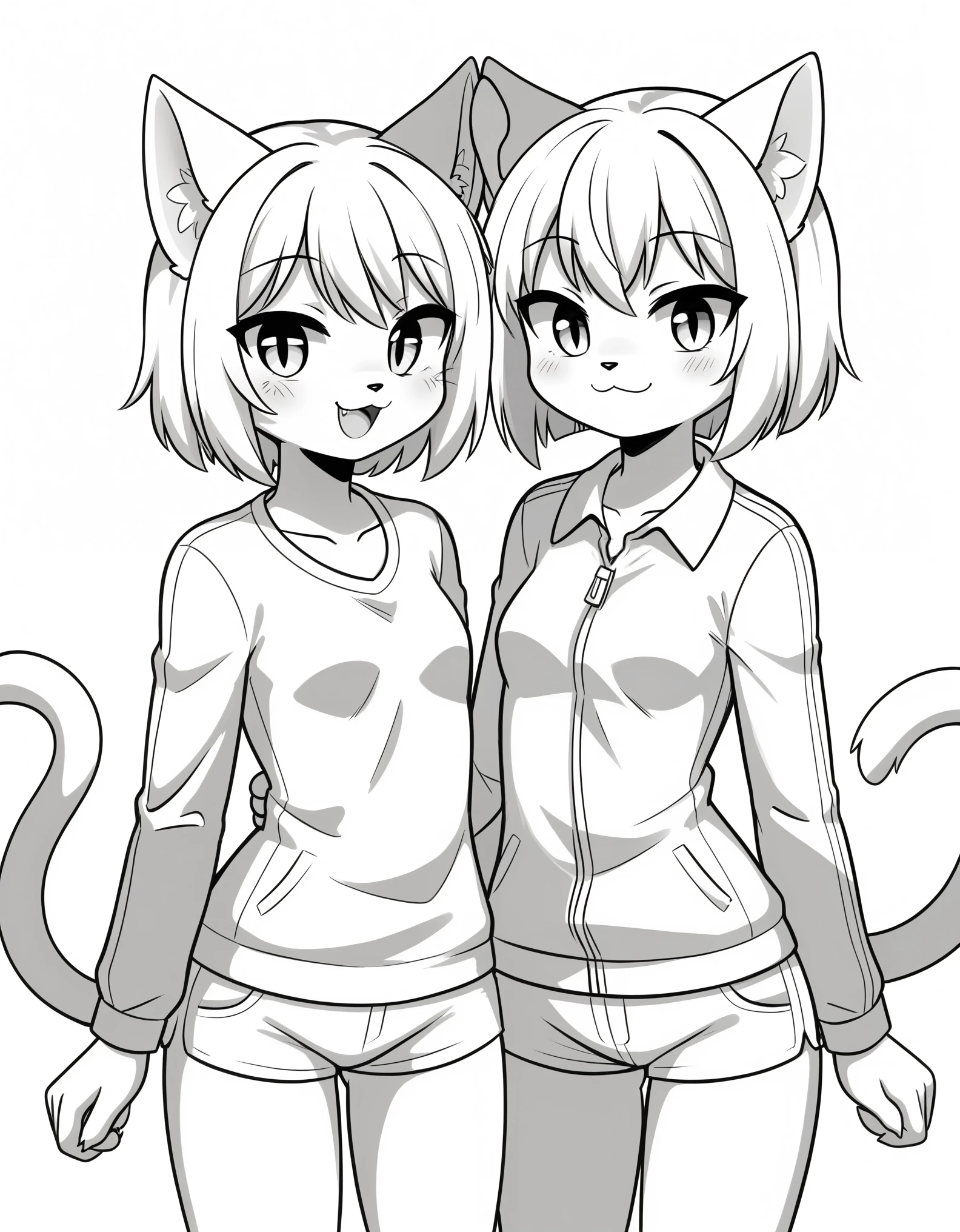 lineart, monochrome, white background, domestic cat, anthro, clothing best quality