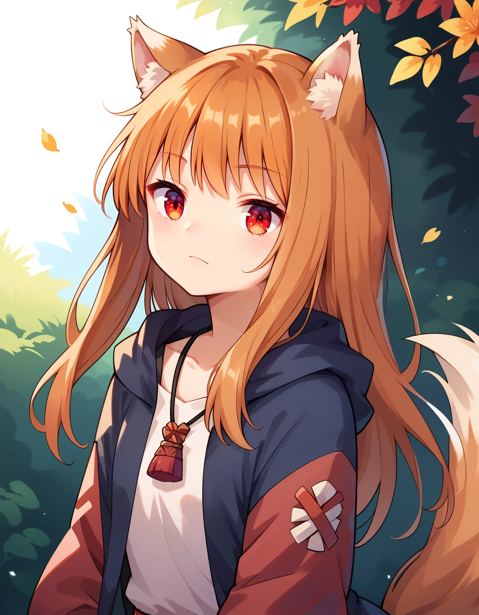 score_9, score_8_up, score_7_up, score_6_up, holo, 1girl, wolf ears, long hair, solo, red eyes, ginger hair, wolf tail,