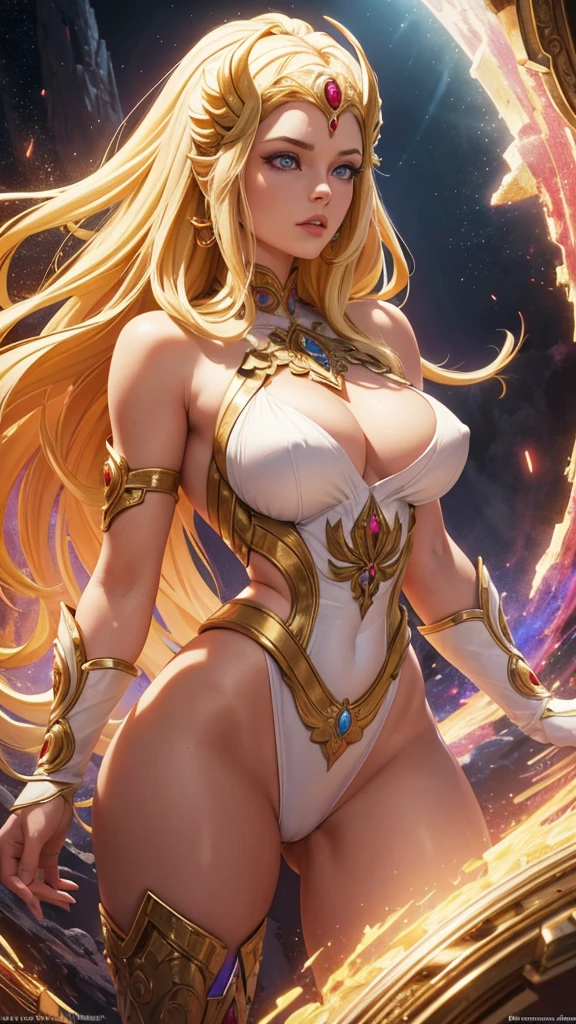 realistic 1.2, masterpiece, best quality, high quality, Character SheRaQuiron, blonde hair, showing white panties, pink nipples, white tunic, golden armor, sfx, complement visual art, immersing the viewer. The level of detail is inspiring, with intricate elements meticulously crafted, volumetric effects add depth and dimension, and the photorealism is unmatched. The image is rendered in 8K resolution, ensuring super detailed visuals, highlighting your beauty and aura in a supernatural way. A tecnologia High Dynamic Range (HDR) makes the cores stand out, adding richness to the overall composition. Finally, this art presents an unreal portrait.