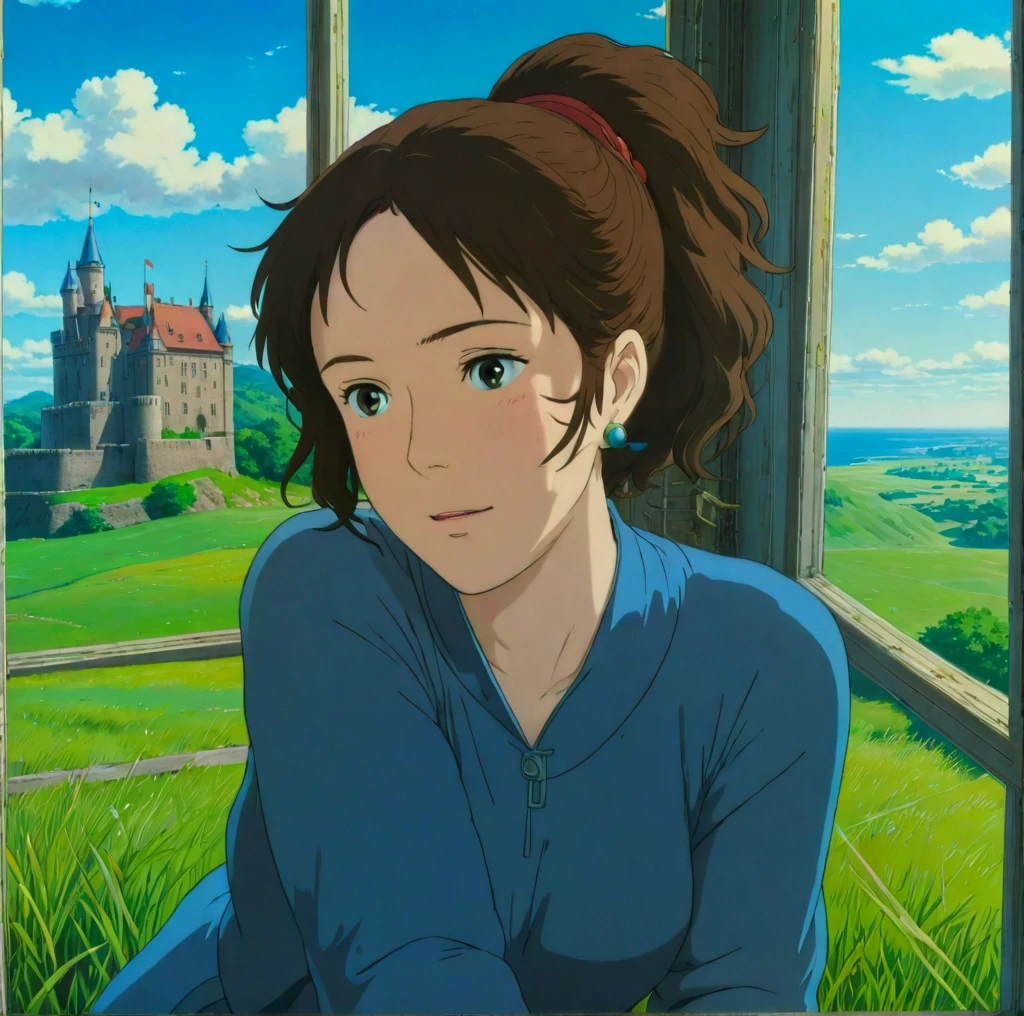 A close up of a woman sitting in front of a window - SeaArt AI