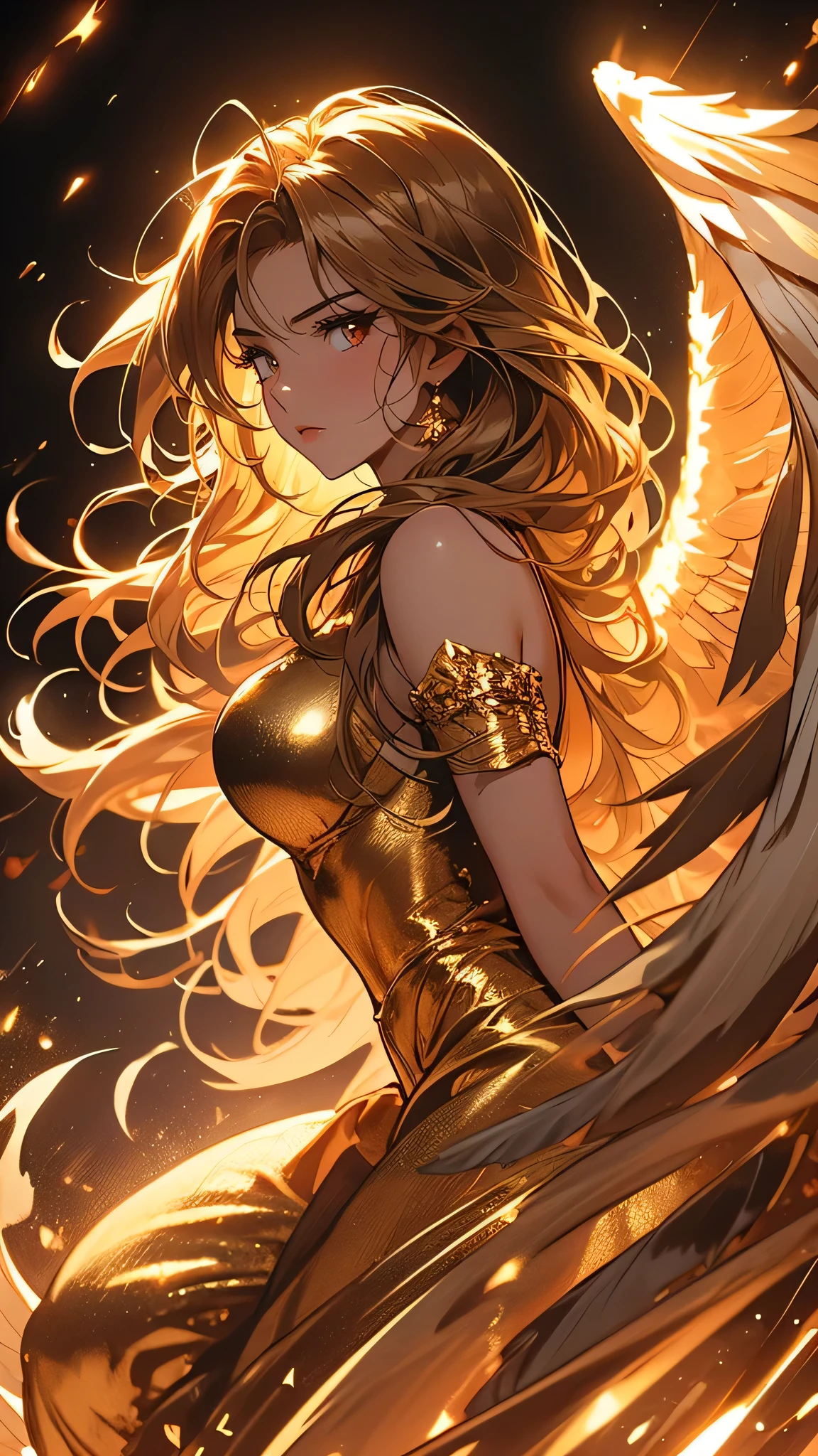 ((Masterpiece)), envision a 8k, highres, cinematic, extremely beautiful semi realistic full body pinup of a beautiful mature lady with a strong face, slender body, mean face, ((long messy Golden hair)), blush, golden fur dress, ((golden wings)), flustered, side locks, round face, long sweeping bangs, red eyes, soft lips, lip gloss, thick eyebrows, round face, ((((1girl)))), in dark lighting, against a dark gray background