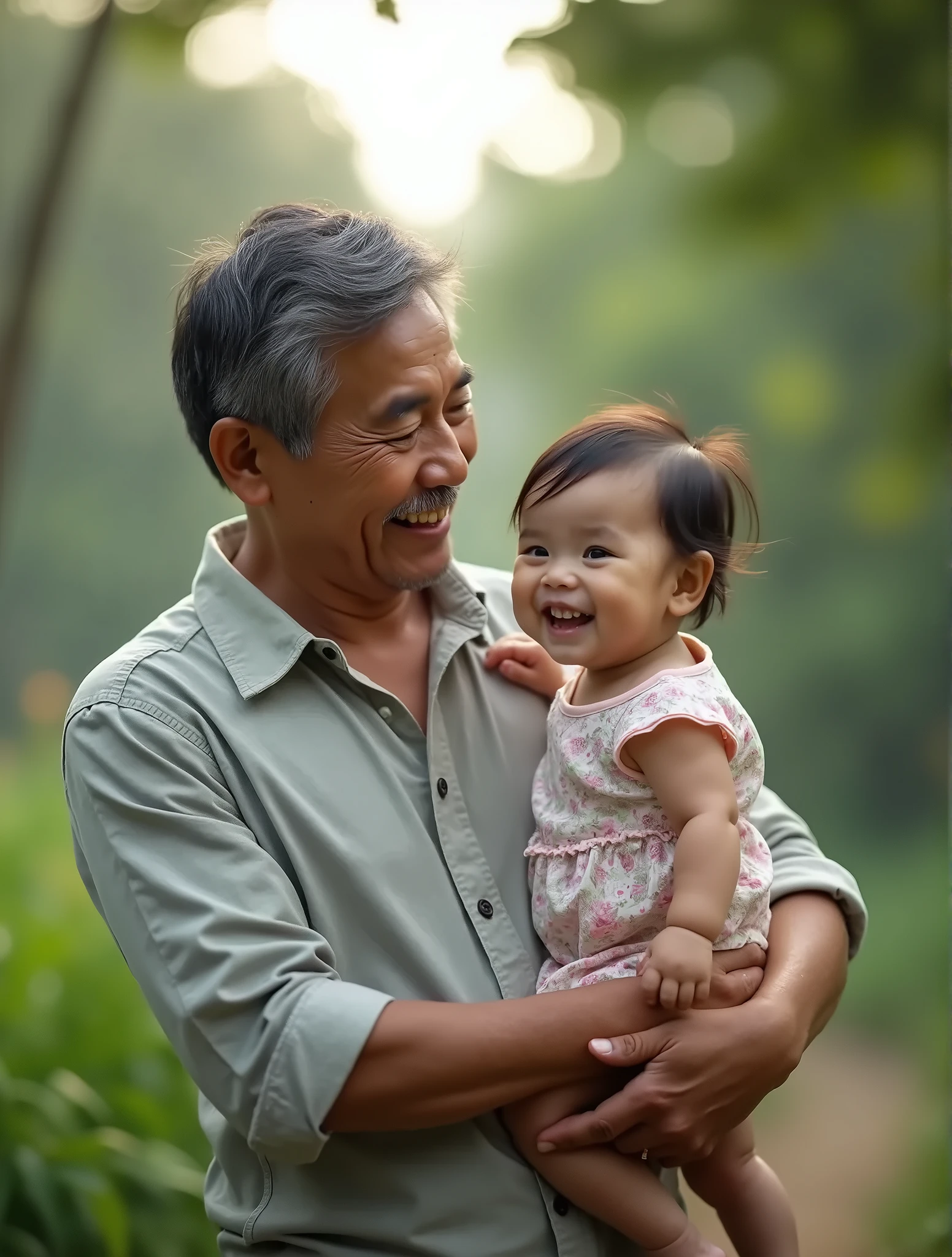 an indonesian baby celebrating her 6 month old age, sitting in a baby chair receiving her first solid meal. the baby is quite hairy look happy and delightful. A 50 year old grand father, with no wrinkles look very happy standing behind. Photo realistic UHD image