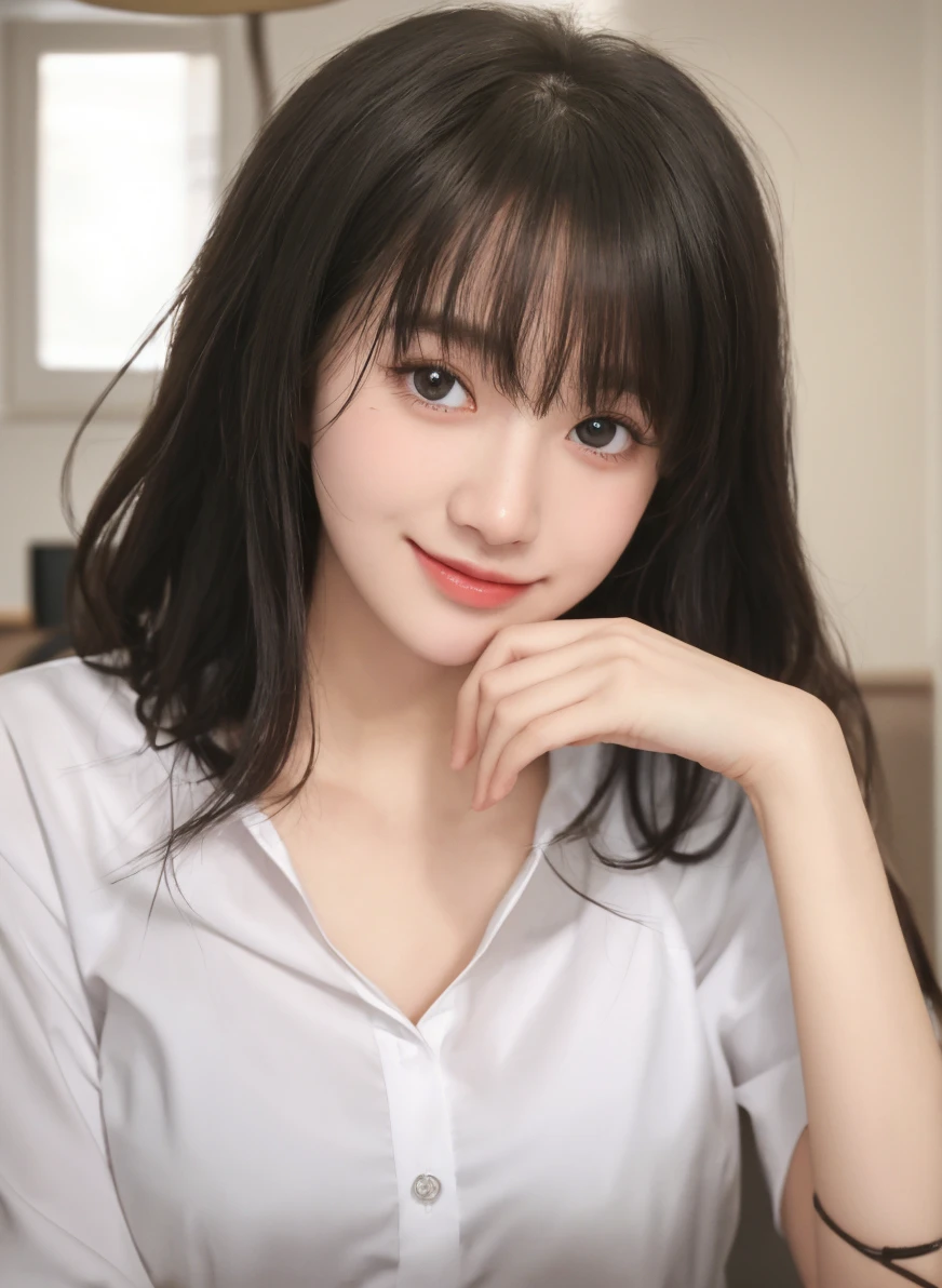 ulzzang -6500-v1.1, (Raw photo:1.2), (Photorealistic:1.4), Beautiful detailed girl, Very detailed eyes and face, Beautiful detailed eyes, Huge file size, (Big), High resolution, Very detailed, Best Quality, [masutepiece:1.6], [JK Uniform], Illustration, Very detailed, nffsw, Fine detail, Best Quality, Highly detailed ticker uniform 8K wallpaper, Movie Lighting, 1 girl, 17 years old, Cute Japan high school girl, Perfect figure, [Unbuttoned white school blouse], large taut chest, [Huge breasts, heavy breasts: 1.6], Cute droopy eyes, Beautiful big eyes, White School Blouse, See-through bra, Sweaty and wet, [Sexual arousal: 1.1], [Sexual arousal: 1.1] Lying in bed: 1.5], Hands raised, Uniform ribbon around the neck, Smile, (the whole body is wet), Shining eyes,Clear skin