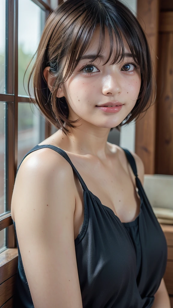 Japan high school girls、short hair、Upper body naked