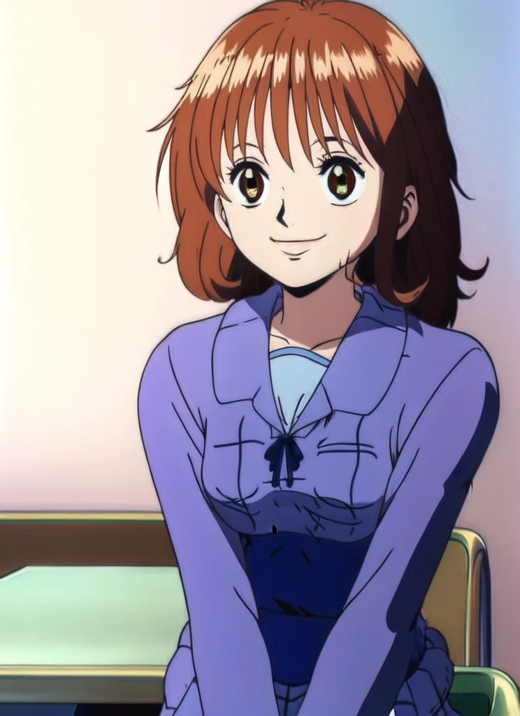 Ai shindou, 1girl, solo, long hair, floating hair, blue skirt, blue uniform, brown hair, long sleeves, blue sea eyes, staring to the side, smile, plaid skirt, ribbon, cowboy Shot, limp body on her desk School Desk in the room, masterpiece, high quality, very_high_resolution, large_filesize, full color,