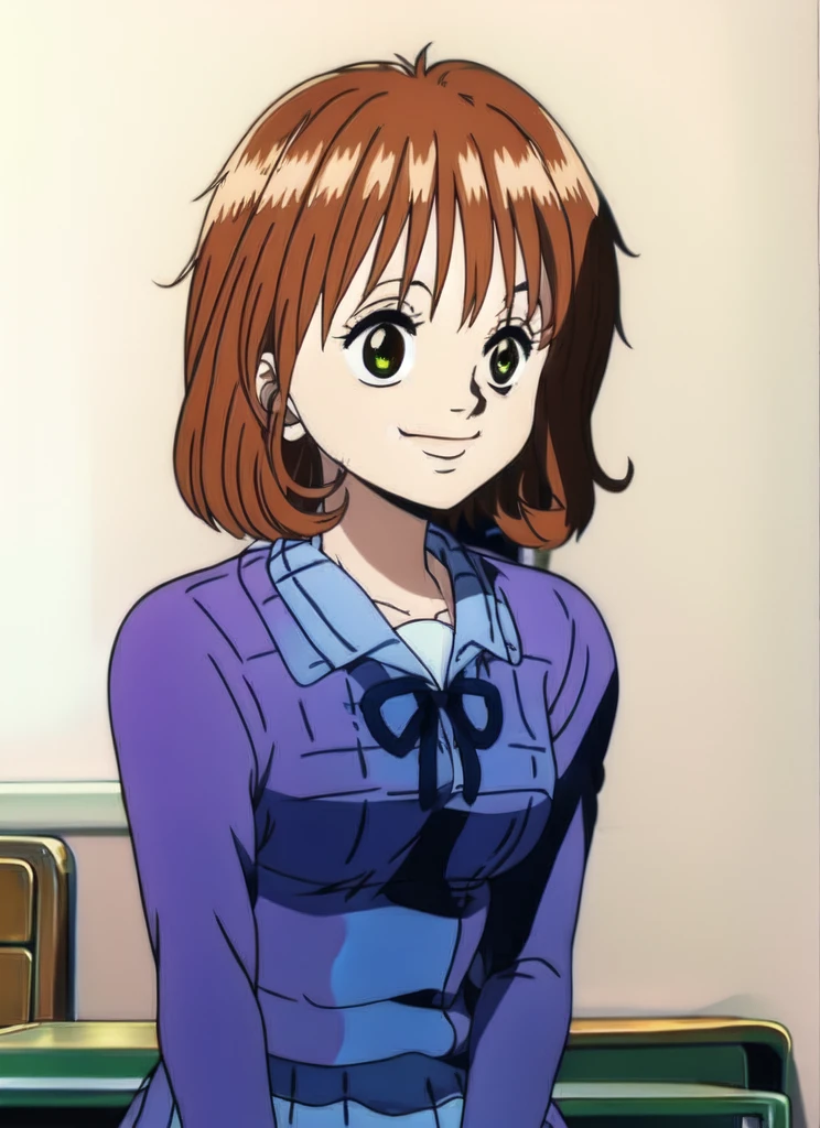 Ai shindou, 1girl, solo, long hair, floating hair, blue skirt, blue uniform, brown hair, long sleeves, blue sea eyes, staring to the side, smile, plaid skirt, ribbon, cowboy Shot, limp body on her desk School Desk in the room, masterpiece, high quality, very_high_resolution, large_filesize, full color,