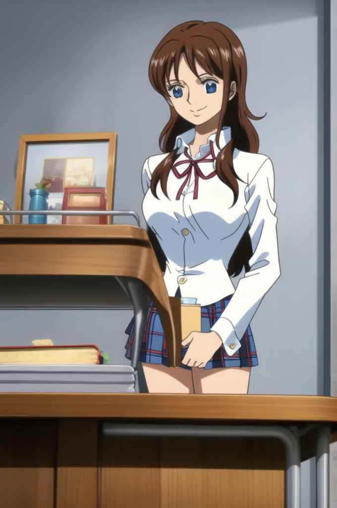 Ai shindou, 1girl, solo, long hair, floating hair, blue skirt, blue uniform, brown hair, long sleeves, blue sea eyes, staring to the side, smile, plaid skirt, ribbon, cowboy Shot, limp body on her desk School Desk in the room, masterpiece, high quality, very_high_resolution, large_filesize, full color,