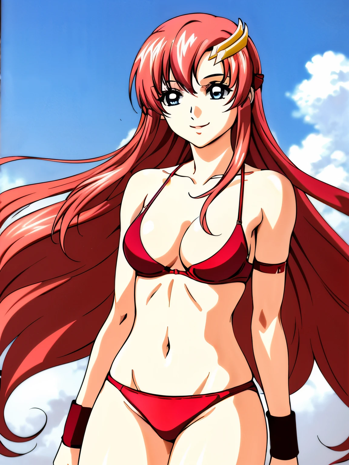 lacus4, (red bikini:1.5), (running, thong:1.4, (very long midsection:1.5), (little biceps:1.4), (hair details:1.7), (stretched shoulders:1.3), (eyescierra:1.5), (sharp eyes:1.5), masterpiece, cowboy shot, very slim shoulders:1.7, 4K, (Best Quality:1.8), Anime style:1.9, happy, Adult Woman, (ultra detailed head), (cloud background), Drawing lines, high resolution, lacus4), 1girl, Solo, curvy figure, clavicle, scapular, (missy bangs:1.4), (missy bangs, long hair, Detailed reddish-pink hair, shiny streaks, slim arms), (wristband:1.4), (cleavage:1.4), large hands, (hair cover shoulders). (Big blue eyes, shiny eyes), ((female wrestler, (slim body), slim arms, thighs)), ((perfect proportions, medium thighs)), ((totally red bra)), (medium-small breasts:1.1), (smile:1.3), (standing, hot colors), detailed fingers, (bare shoulder), (windy:1.0),
