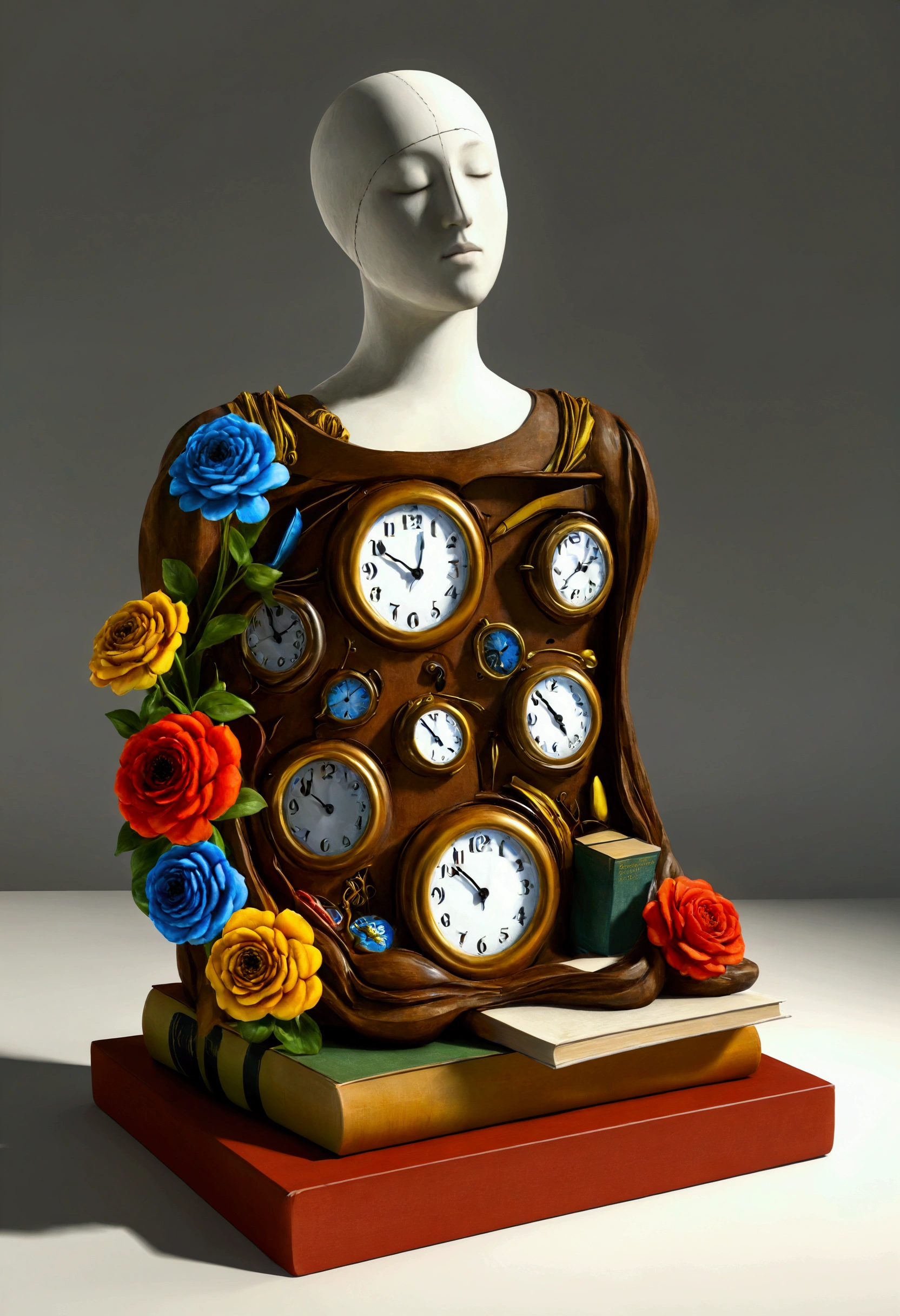 score_9, score_8_up, score_7_up, A sculpture of a body made of clocks, books, and flowers. 3d render, hyperrealistic, high quality, photorealistic, ultra detailed, natural lighting, HDR, 4k resolution, realistic textures, soft shadows, realistic reflections, physically based rendering, anti-aliasing, realistic shading, high polygon count, rounded edges, ray tracing.
