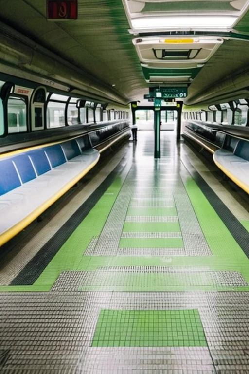 Liminal space, nostalgia, the late 90s to early 2000s aesthetic/vibe/era, train, train station, clean/clear white and green colors, green grass instead of train floor, abandoned, clean/clear interior