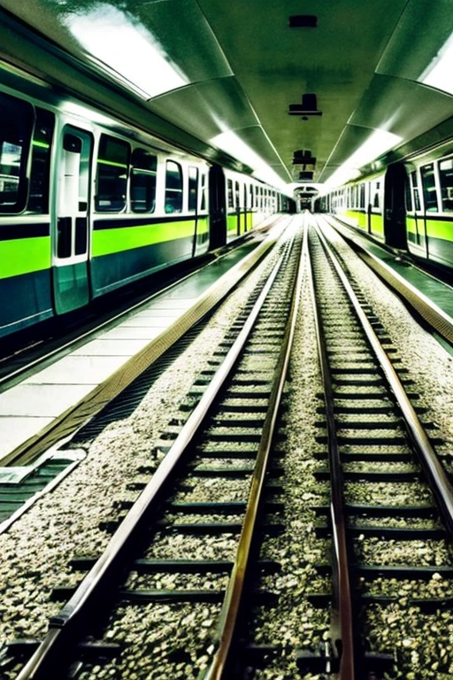 Liminal space, nostalgia, the late 90s to early 2000s aesthetic/vibe/era, train, train station, clean/clear white and green colors, green grass instead of train floor, abandoned, clean/clear interior