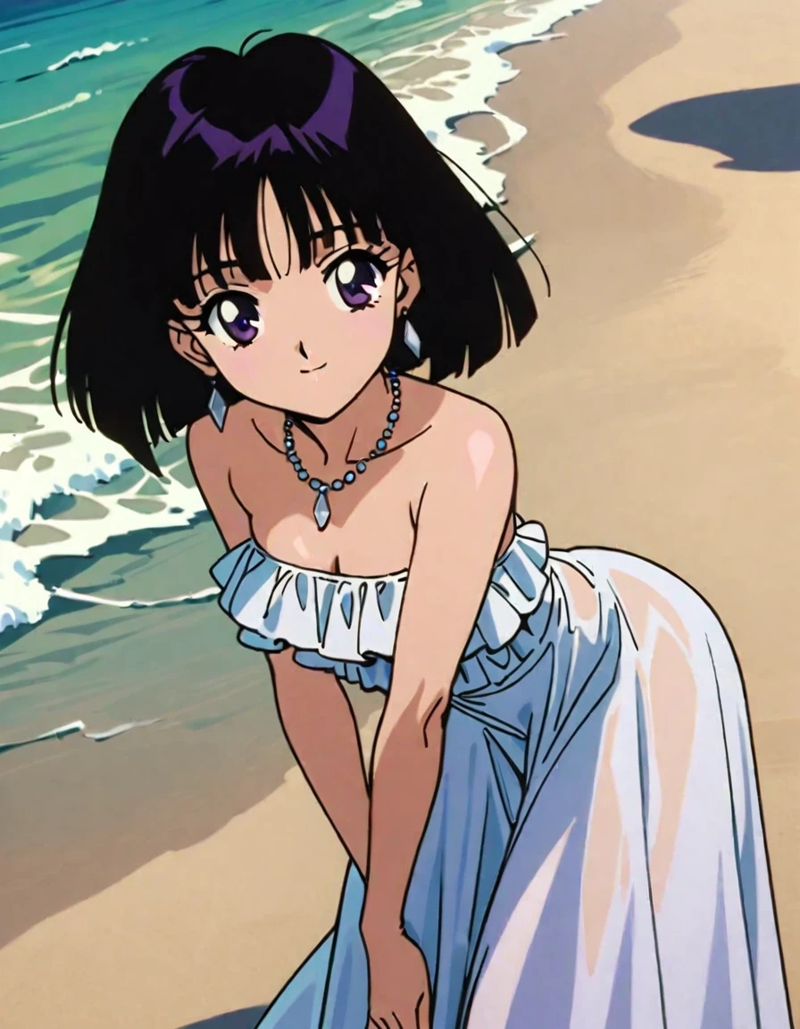 masterpiece, best quality, very aesthetic, absurdres, Sailor Saturn XL, 1990s \(style\), 1girl, solo, short hair, black hair, purple eyes, strapless, white dress, white ruffle off the shoulder top, white long maxi skirt, on beach, necklace, light smile, cowboy shot, Standing up, looking at viewers