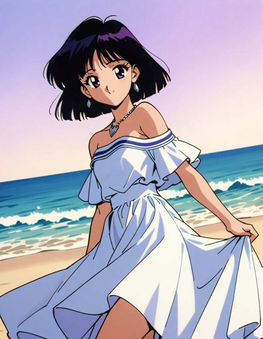 masterpiece, best quality, very aesthetic, absurdres, Sailor Saturn XL, 1990s \(style\), 1girl, solo, short hair, black hair, purple eyes, strapless, white dress, white ruffle off the shoulder top, white long maxi skirt, on beach, necklace, light smile, cowboy shot, Standing up, looking at viewers