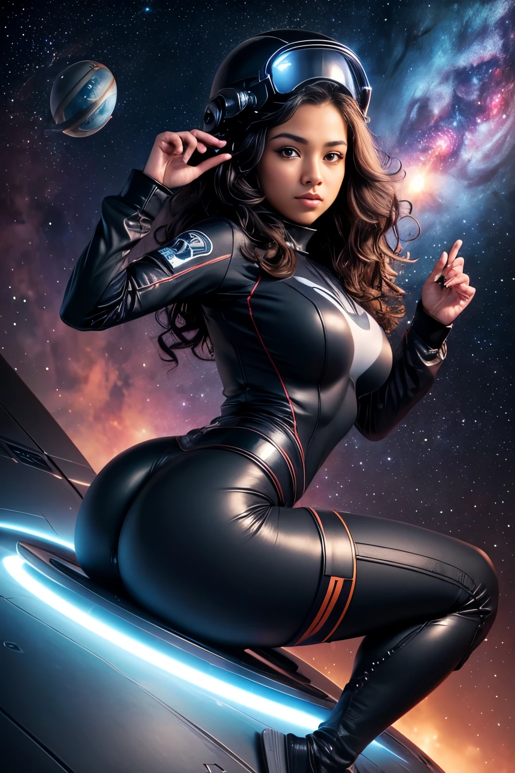 Riding , (joystick:1.4), Masterpiece, high quality, high resolution, volumetric lighting, subsurface scattering, 8k, beautiful woman, (dark skin), phillipino, sitting on an astroid, flying through outer space, Starwars TIE fighter pilot, (pilot helmet, (round ), (), (), (long-sleeve), (full-body uniform), (leggings:1.2), wavy hair, stars, galaxies,  pose,  pose, blurry foreground, UHD, accurate, anatomically correct, super detail, high details, high quality, award winning, best quality, highres, 16k, 8k