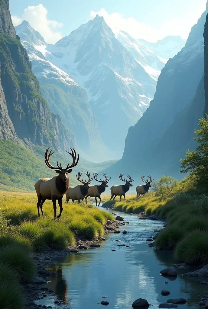 ((masterpiece)), Best Quality, (8k, Best Quality, masterpiece: 1.2), Super detailed, A herd of elk walking along a river in a mountain valley.